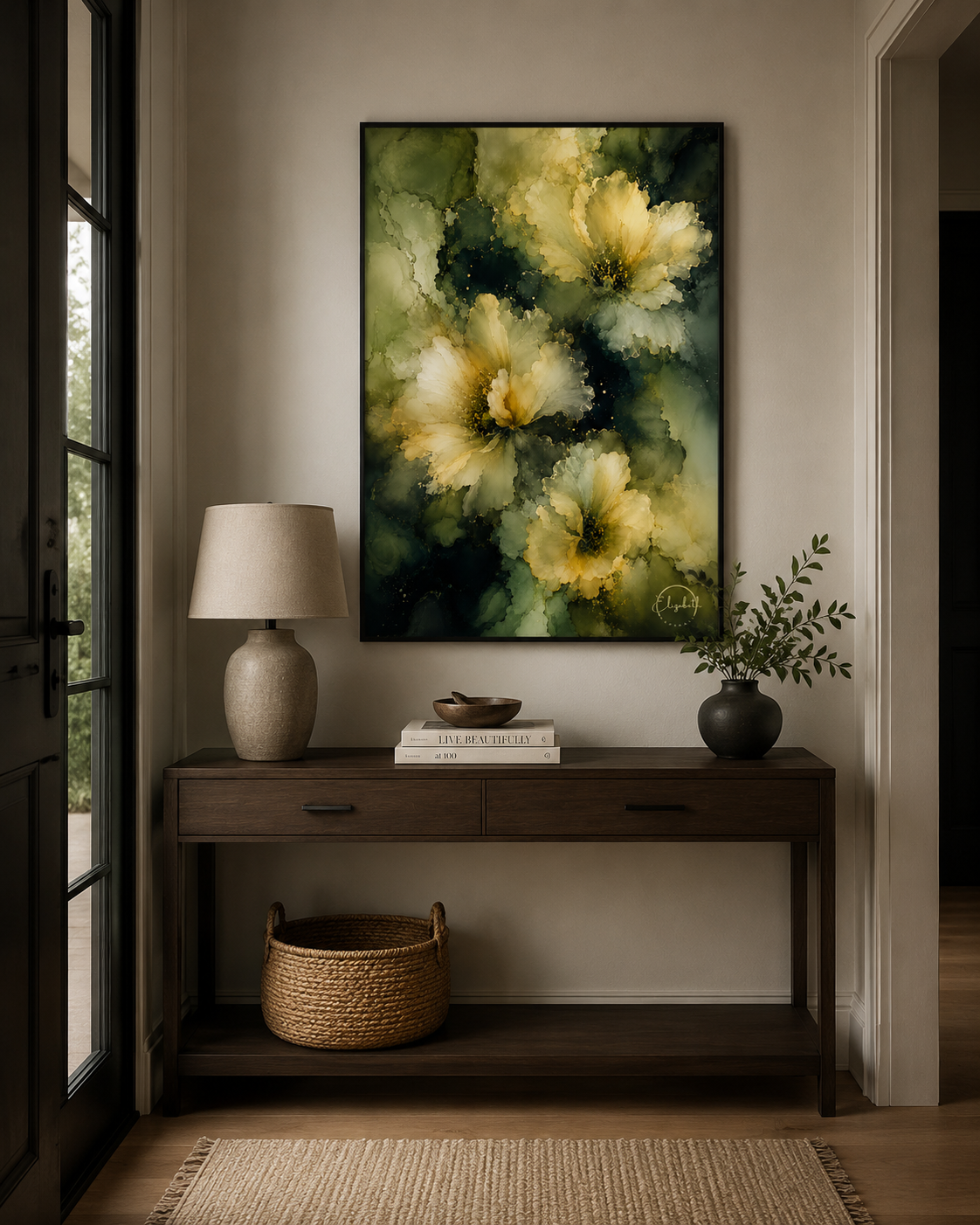 This is what happens when colour glows from the inside out. Midnight Light is a moody floral giclee print with luminous cream and pale yellow blooms emerging through deep olive, warm moss, and earthy green, the petals soft and radiant against the rich, layered depths beneath. It has the gentleness of candlelight and the kind of presence that makes a room feel instantly warmer the moment it goes on the wall.