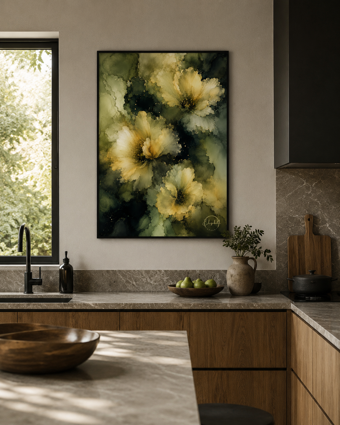 kitchen with midnight light moody floral art work