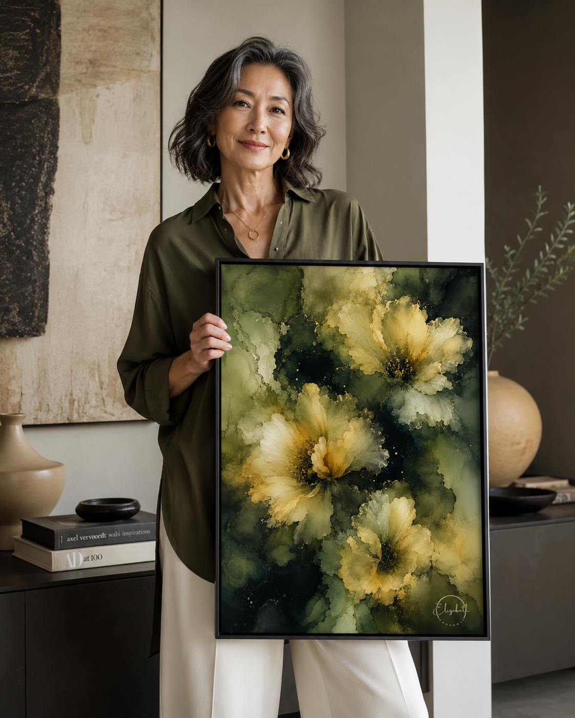 This is what happens when colour glows from the inside out. Midnight Light is a moody floral giclee print with luminous cream and pale yellow blooms emerging through deep olive, warm moss, and earthy green, the petals soft and radiant against the rich, layered depths beneath. It has the gentleness of candlelight and the kind of presence that makes a room feel instantly warmer the moment it goes on the wall.