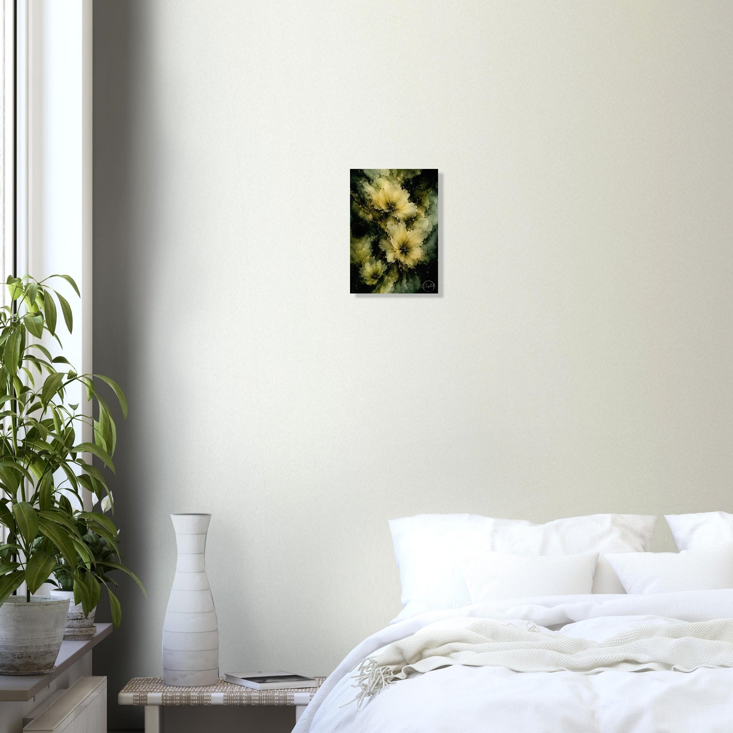 This is what happens when colour finds its quiet side. Midnight Moon is a moody floral giclee print with soft cream and pale yellow blooms drifting through deep olive, warm sage, and earthy ochre, the petals luminous and still against the rich, layered depths beneath. It has the calm of a painting that doesn't need to shout and the kind of warmth that makes a room feel like it has always been this considered. size A4 