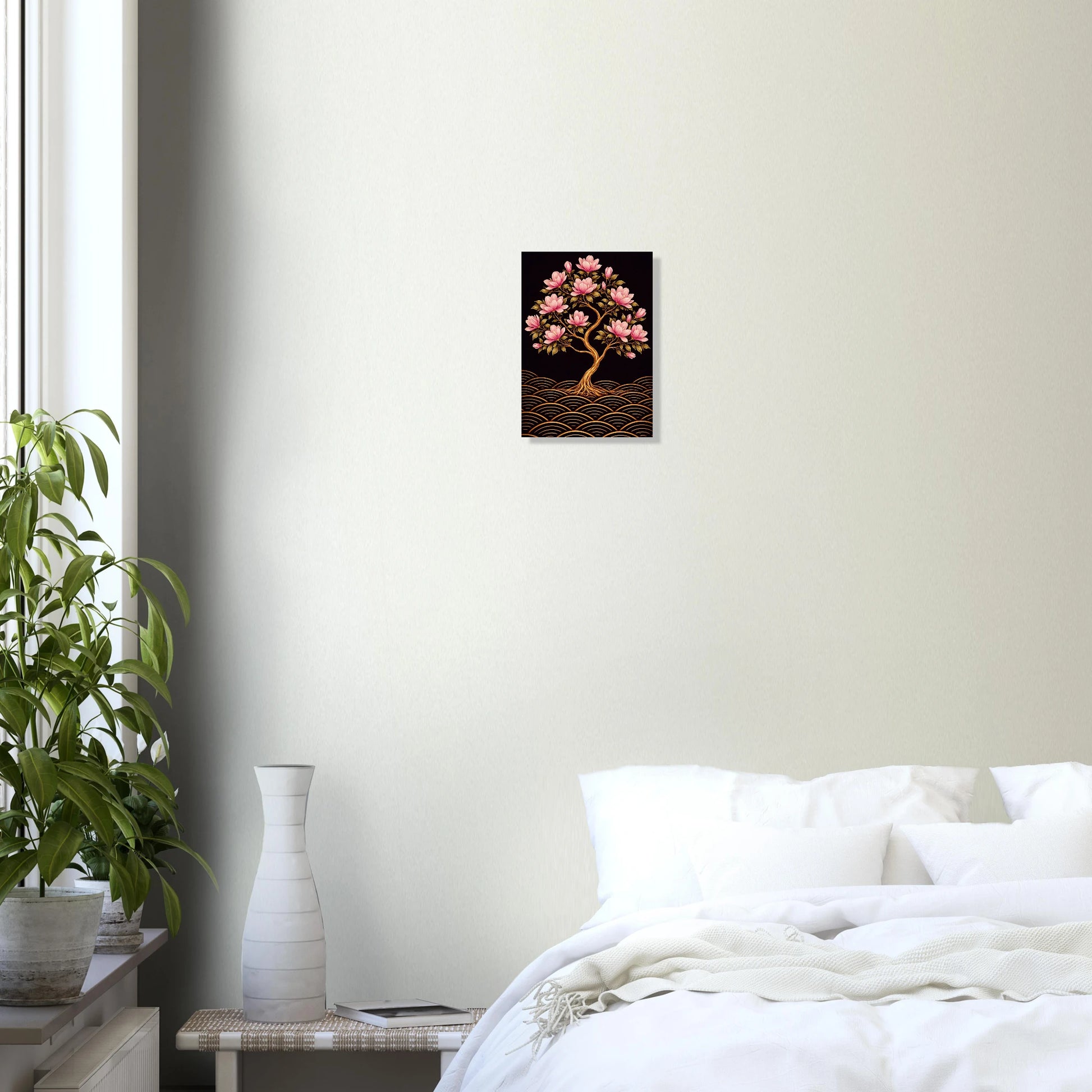 Midnight Magnolia Blooms captures a single magnolia in full flower, its golden-amber trunk twisting upward from a sea of ornate seigaiha waves, blush and rose-pink blooms opening wide against a deep dark sky. Romantic, dramatic and yet quiet in spirit, this is a print that fills a room with warmth and wonder.