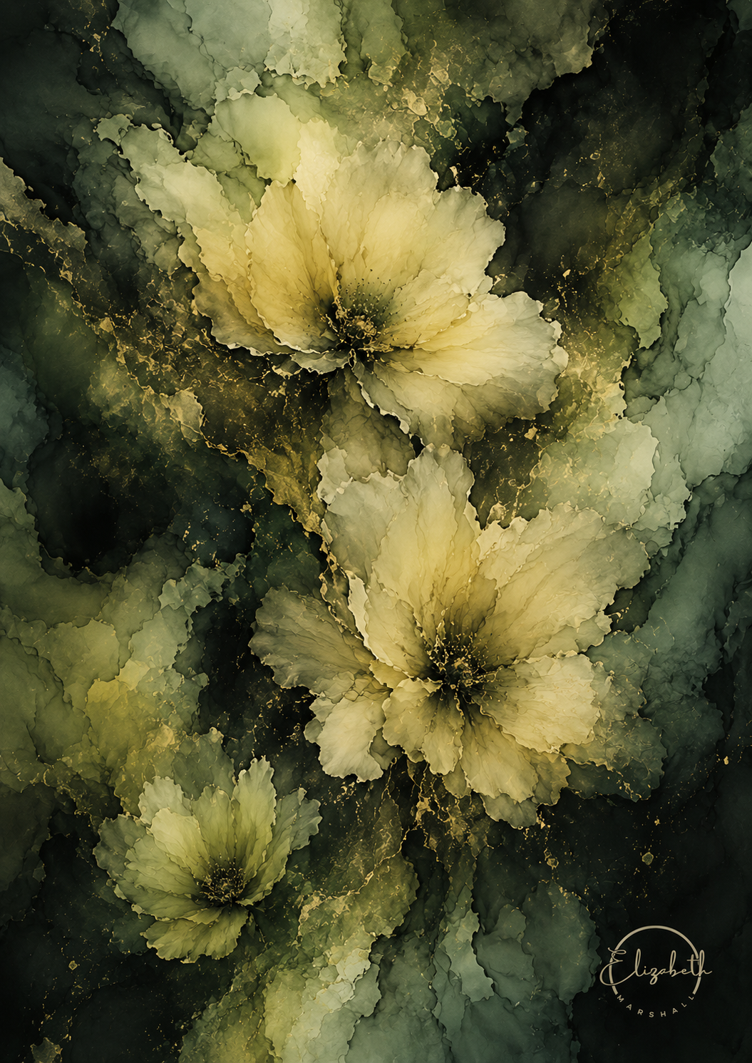 Abstract floral painting with three large cream and olive-yellow flowers on a dark green and black textured background, featuring a circular 'Elisabeth' signature in the lower right corner.