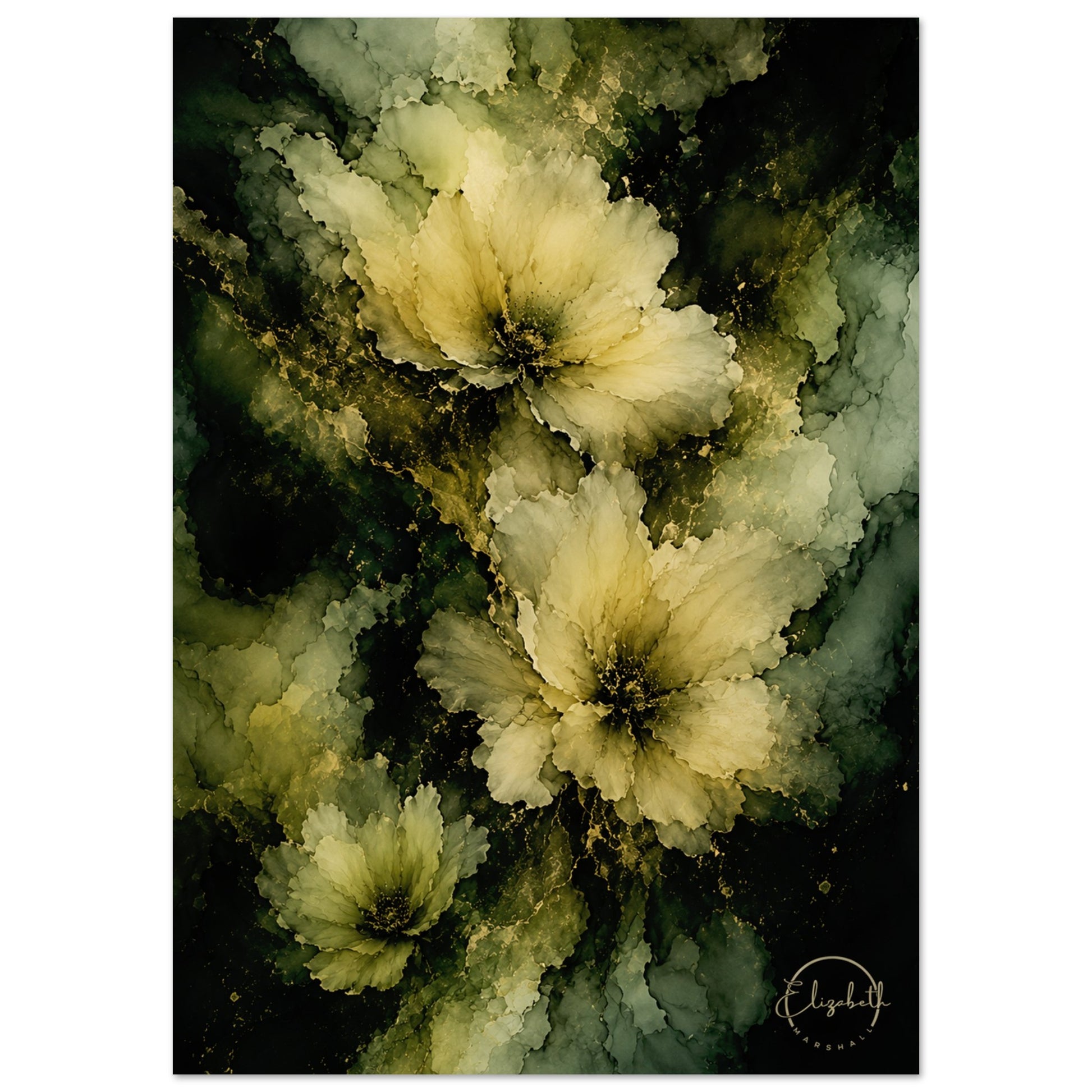 An abstract floral art print featuring three large cream and pale yellow flowers with dark green and black watercolor-like backgrounds, shown against a white canvas border.