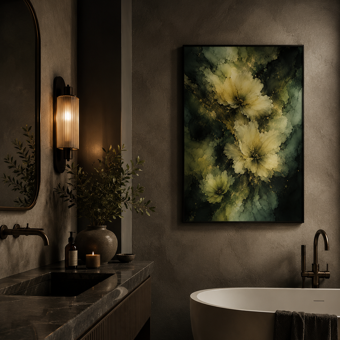 A framed abstract floral wall art print hangs above a freestanding bathtub in a dark, moody bathroom with a stone countertop, wall sconce, and plants.