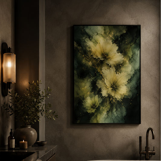 A framed abstract floral wall art print hangs above a freestanding bathtub in a dark, moody bathroom with a stone countertop, wall sconce, and plants.