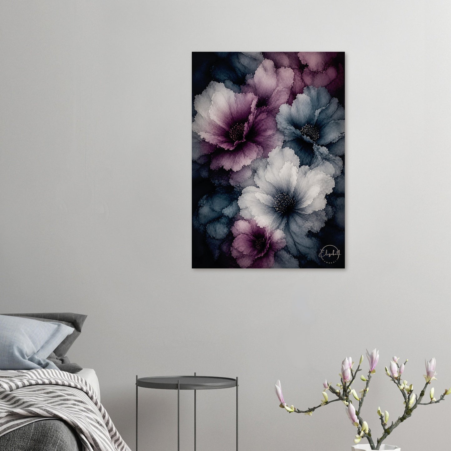 Moonlight Blossom floats into a room like something seen at dusk, moody blues and soft purples layered into blooms that feel luminous and a little otherworldly. This is a print that brings atmosphere, the kind that makes a room feel like dusk is on its way.