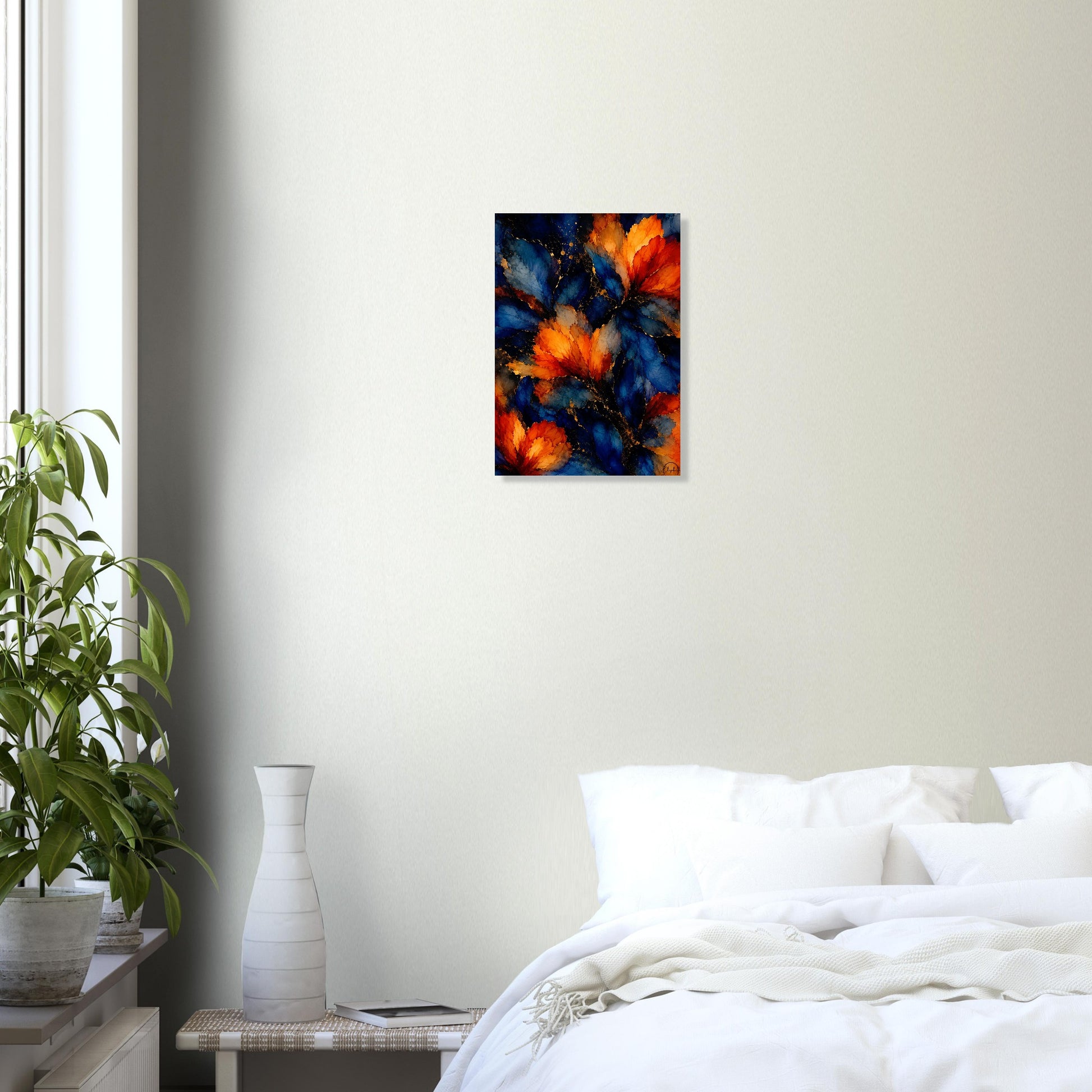 Moody floral giclee print — orange blooms glowing like embers against deep midnight navy. Inspired by original alcohol ink artworks. 200gsm FSC paper.