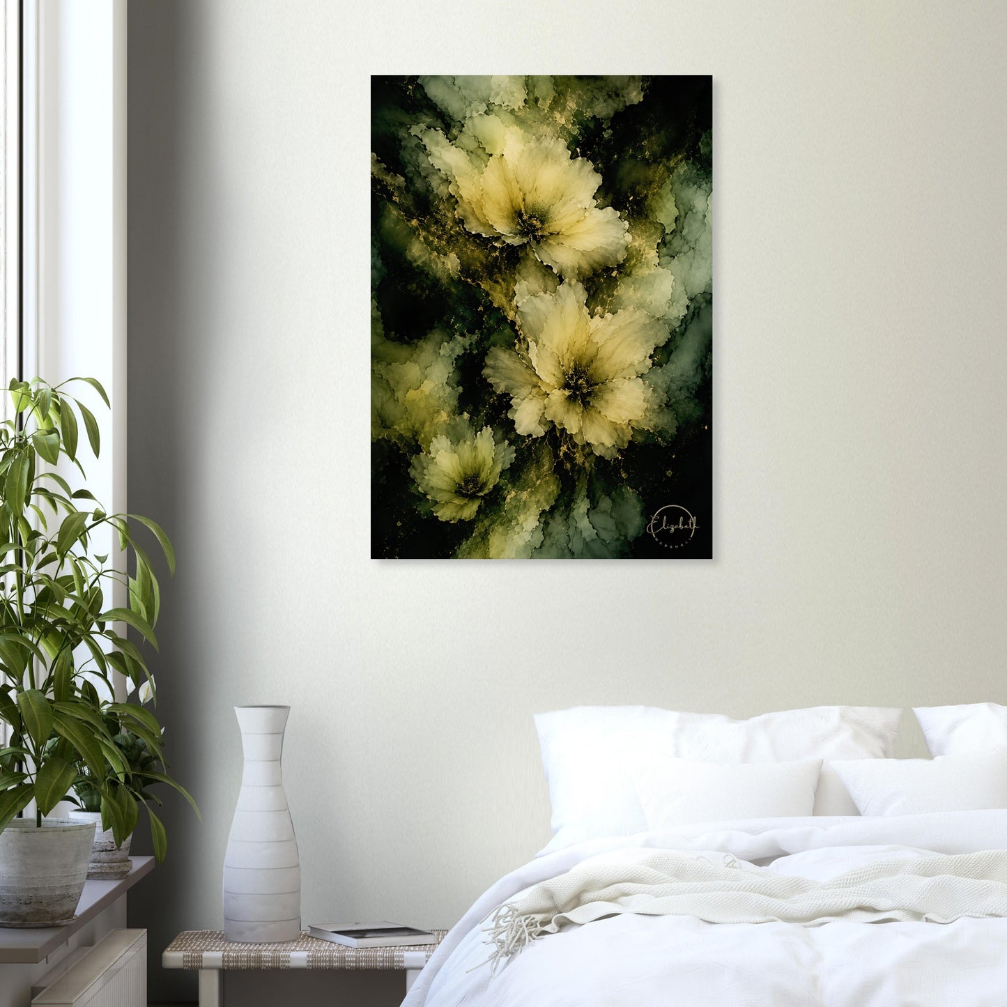 This is what happens when colour finds its quiet side. Midnight Moon is a moody floral giclee print with soft cream and pale yellow blooms drifting through deep olive, warm sage, and earthy ochre, the petals luminous and still against the rich, layered depths beneath. It has the calm of a painting that doesn't need to shout and the kind of warmth that makes a room feel like it has always been this considered.