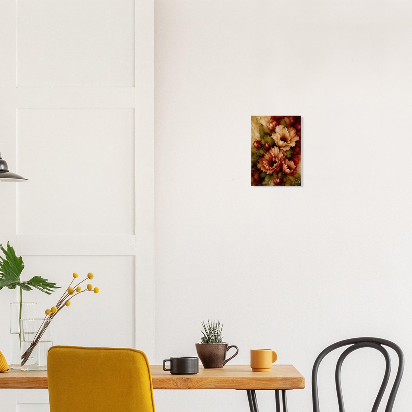 Moody floral giclee print, rich burnt red and cream blooms with deep burgundy and olive. Inspired by original alcohol ink artworks. 200gsm FSC paper.