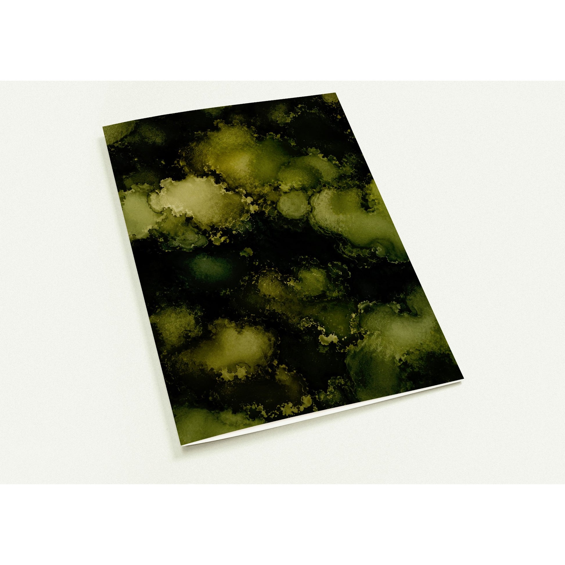 A note card print featuring an abstract fluid ink pattern in olive green, moss green, and black, shown at an angle on a light off-white background.