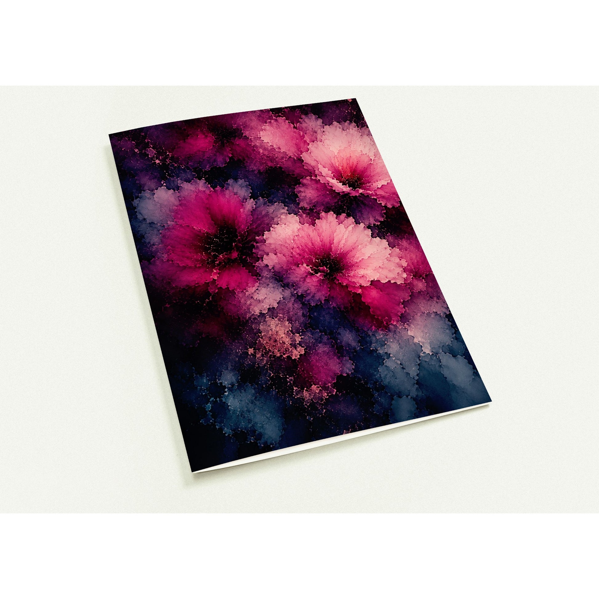 A rectangular art card with an abstract floral design in vibrant magenta, pink, and purple tones against a dark navy and black background, shown at an angle on a light off-white surface.