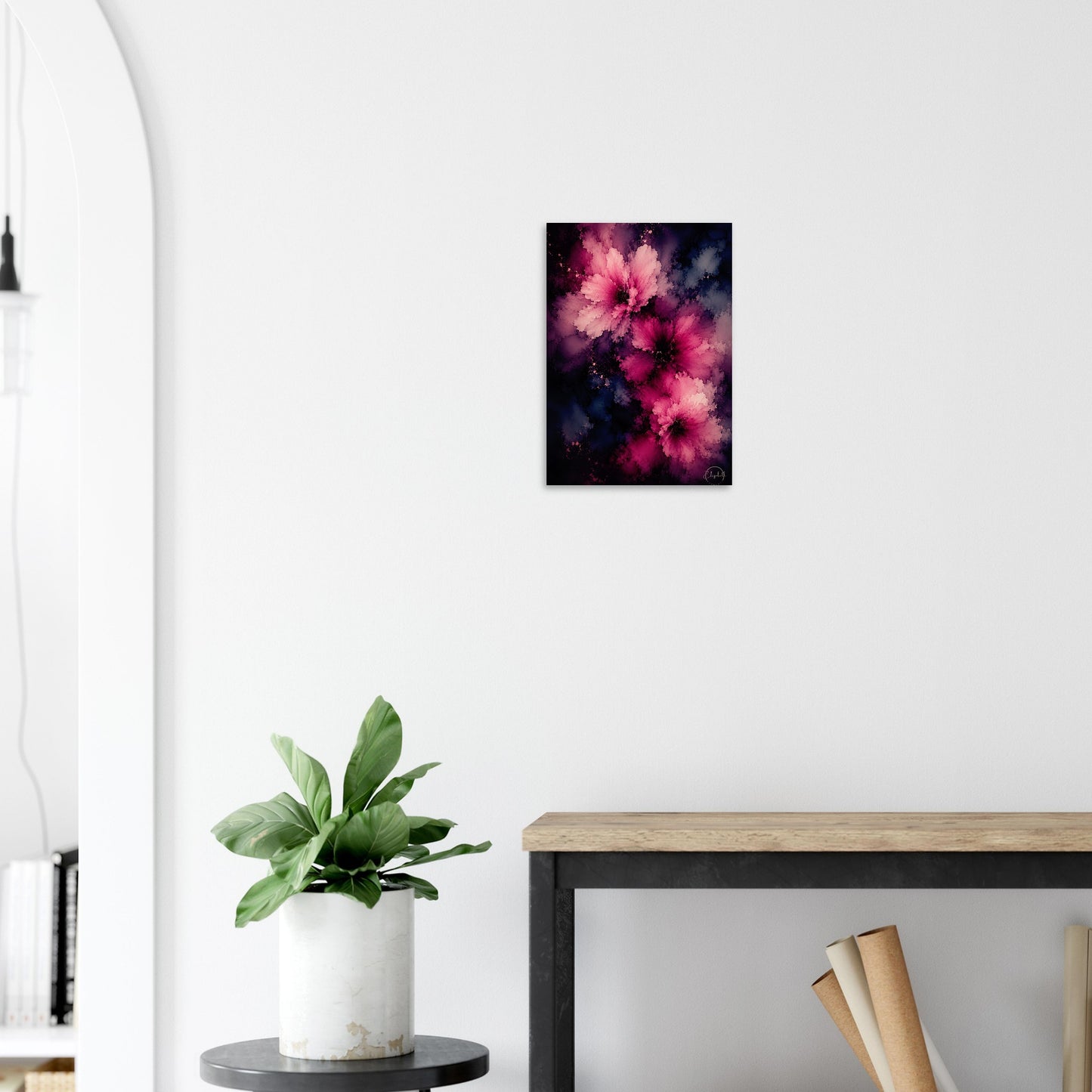 This is what happens when colour goes deep and stays there. Love Deepens is a moody floral giclee print with rich mulberry and dusty rose blooms rising through midnight blue, deep indigo, and soft charcoal, the petals velvety and luminous against the dark, layered depths beneath. It has the intimacy of a painting you want to get close to and the presence of a piece that changes the feeling of a room the moment it goes on the wall.
