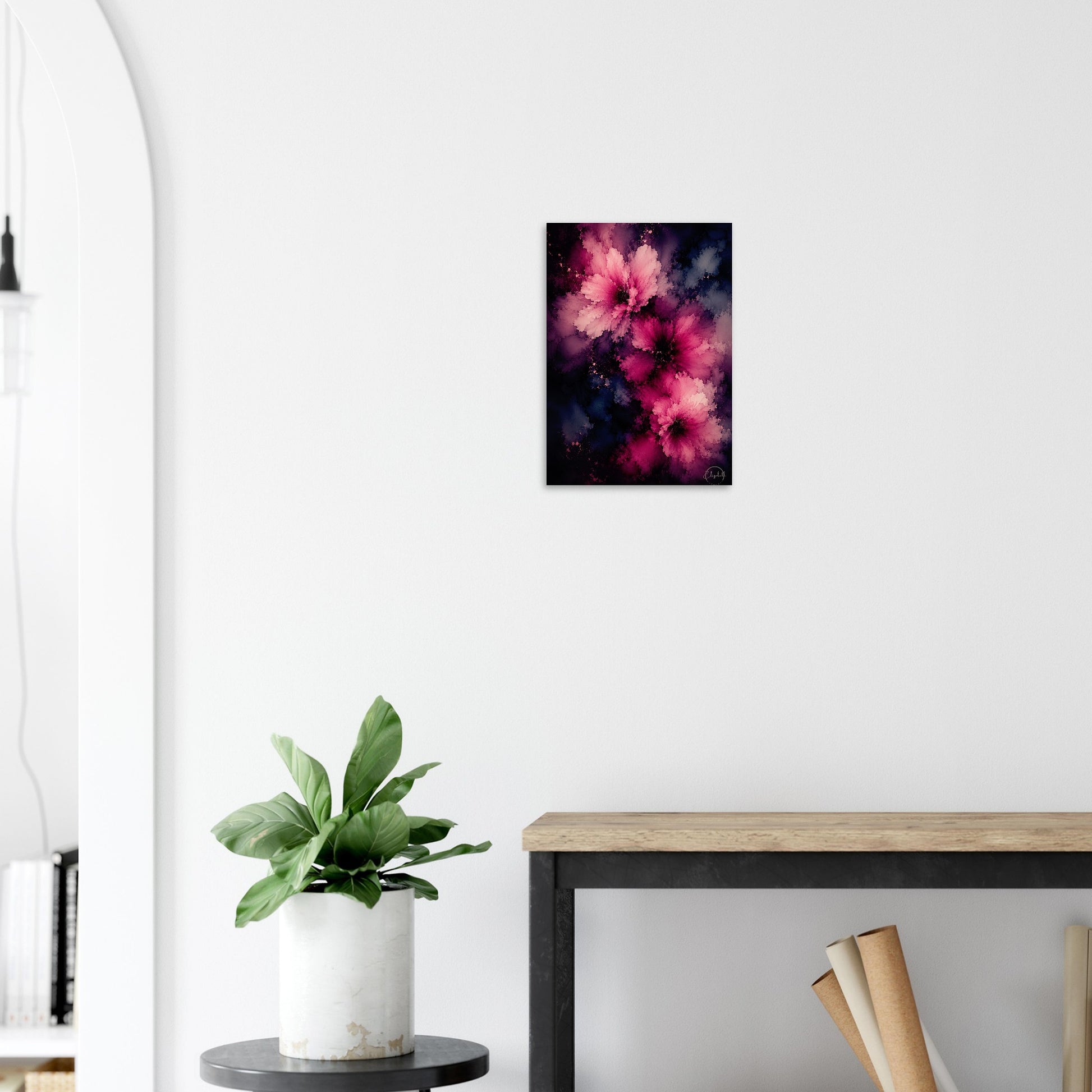 This is what happens when colour goes deep and stays there. Love Deepens is a moody floral giclee print with rich mulberry and dusty rose blooms rising through midnight blue, deep indigo, and soft charcoal, the petals velvety and luminous against the dark, layered depths beneath. It has the intimacy of a painting you want to get close to and the presence of a piece that changes the feeling of a room the moment it goes on the wall.