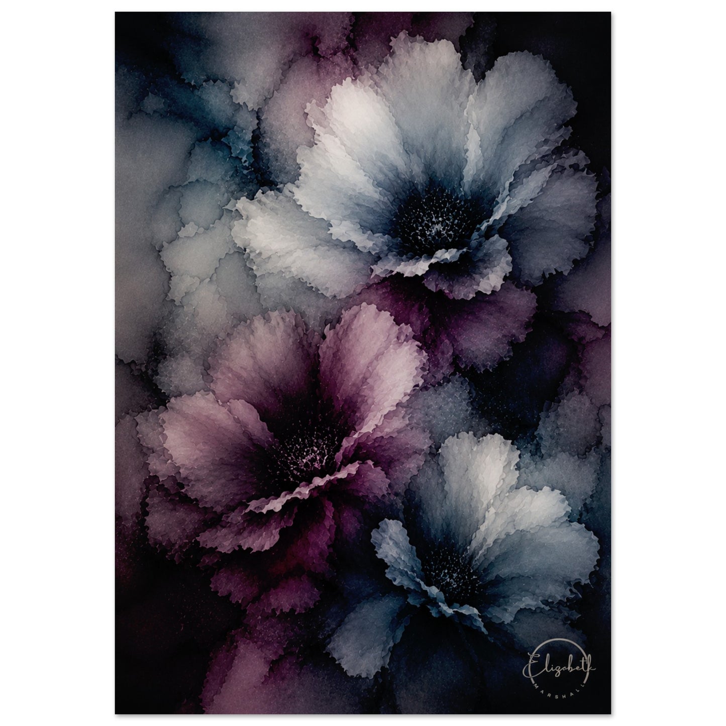 Abstract floral wall art featuring three large watercolor-style flowers in dark purple, mauve, slate blue, and charcoal tones on a black background, with a small circular artist signature in the lower right.