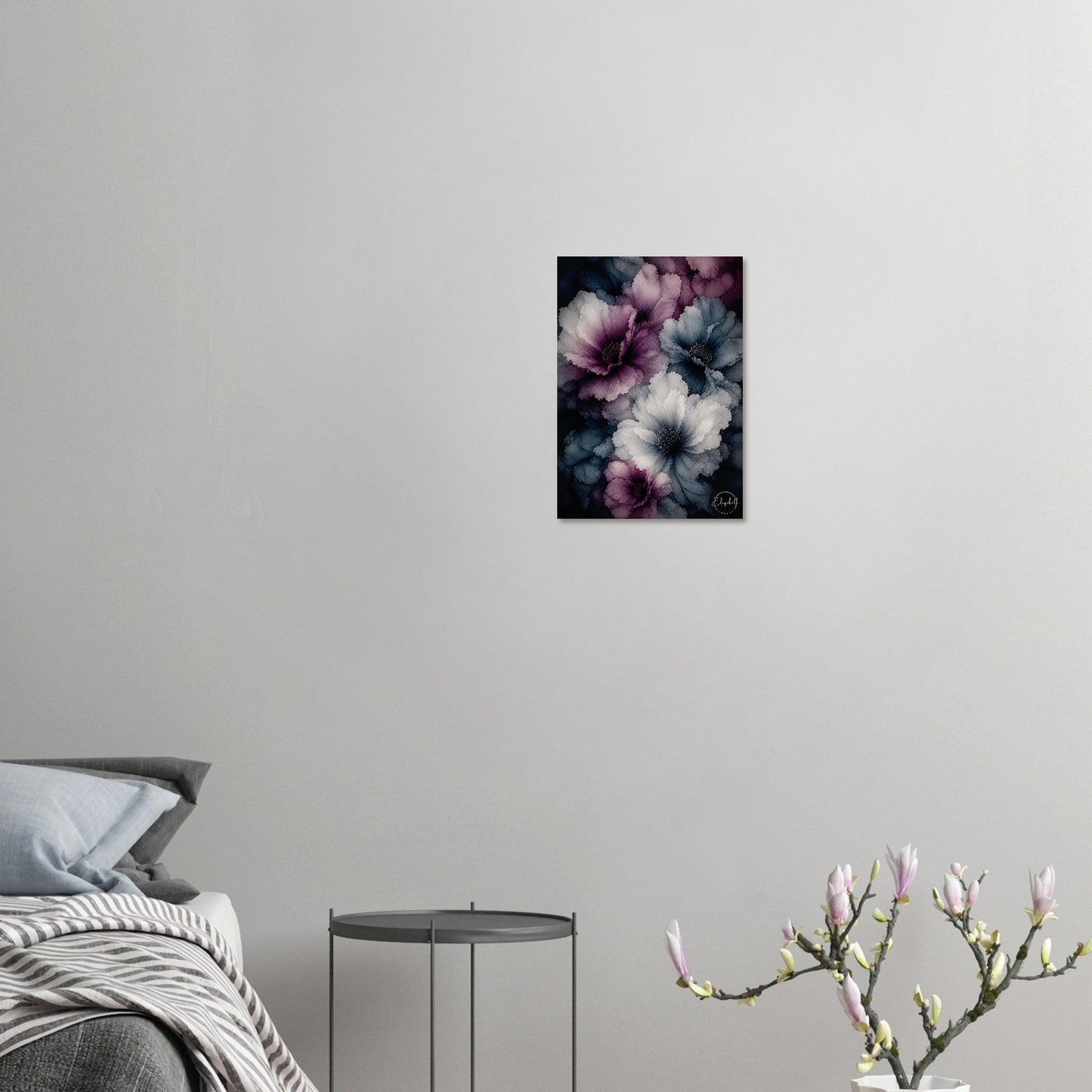Moonlight Blossom floats into a room like something seen at dusk, moody blues and soft purples layered into blooms that feel luminous and a little otherworldly. This is a print that brings atmosphere, the kind that makes a room feel like dusk is on its way.