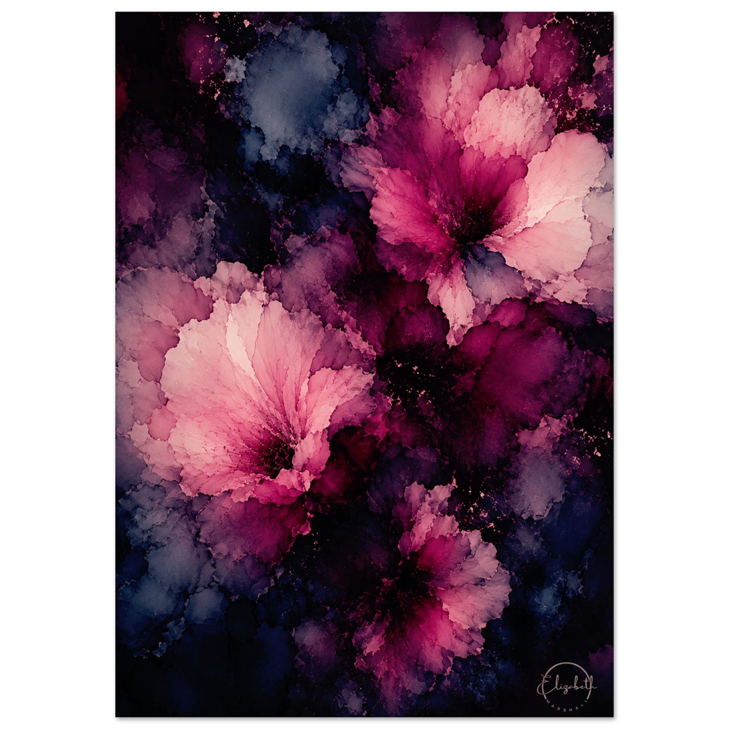 Abstract floral wall art featuring large pink and magenta flower forms over a dark navy and black watercolor background, shown as a vertical print with a white margin around it.