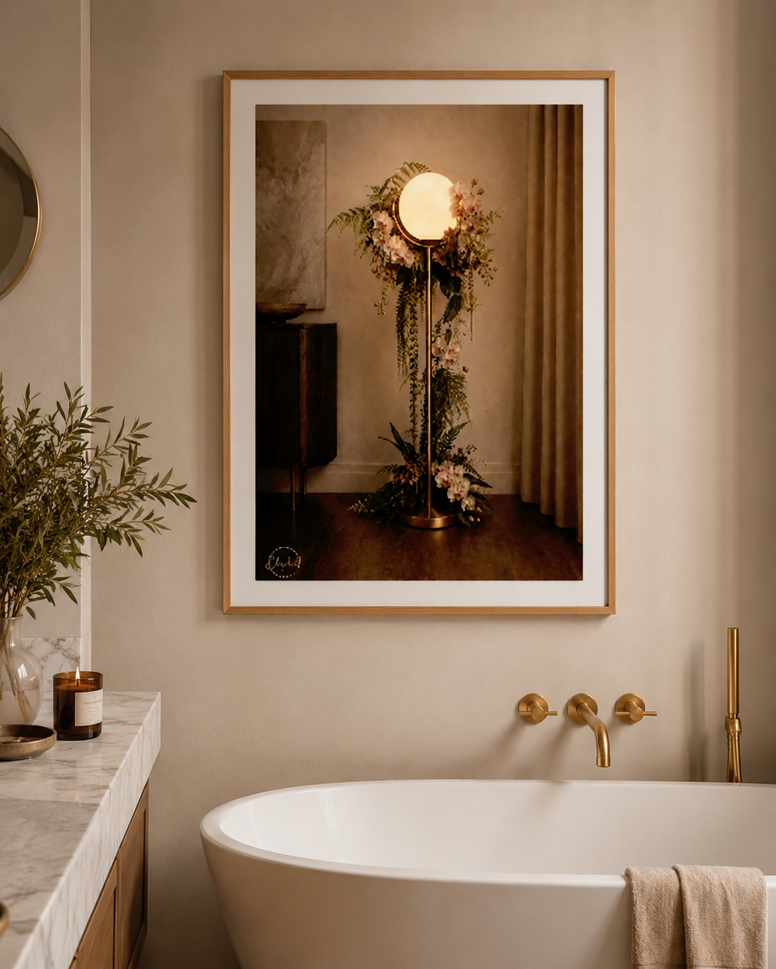 art deco mid century modern lamp print  in a bathroom