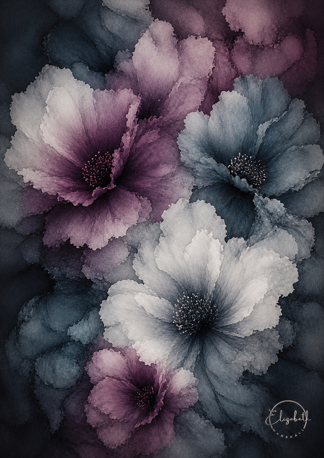 Watercolor-style floral artwork featuring large dark purple, white, and slate blue flowers on a deep navy background, with a small circular artist signature in the lower right.