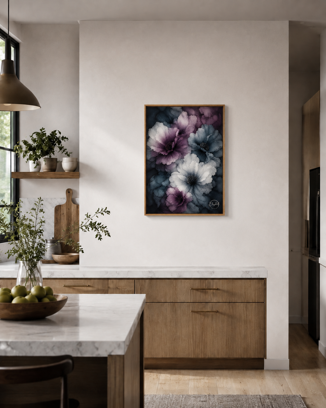 A framed floral wall art print featuring large purple, blue, and white flowers on a dark background, displayed in a modern kitchen setting above wooden cabinets.