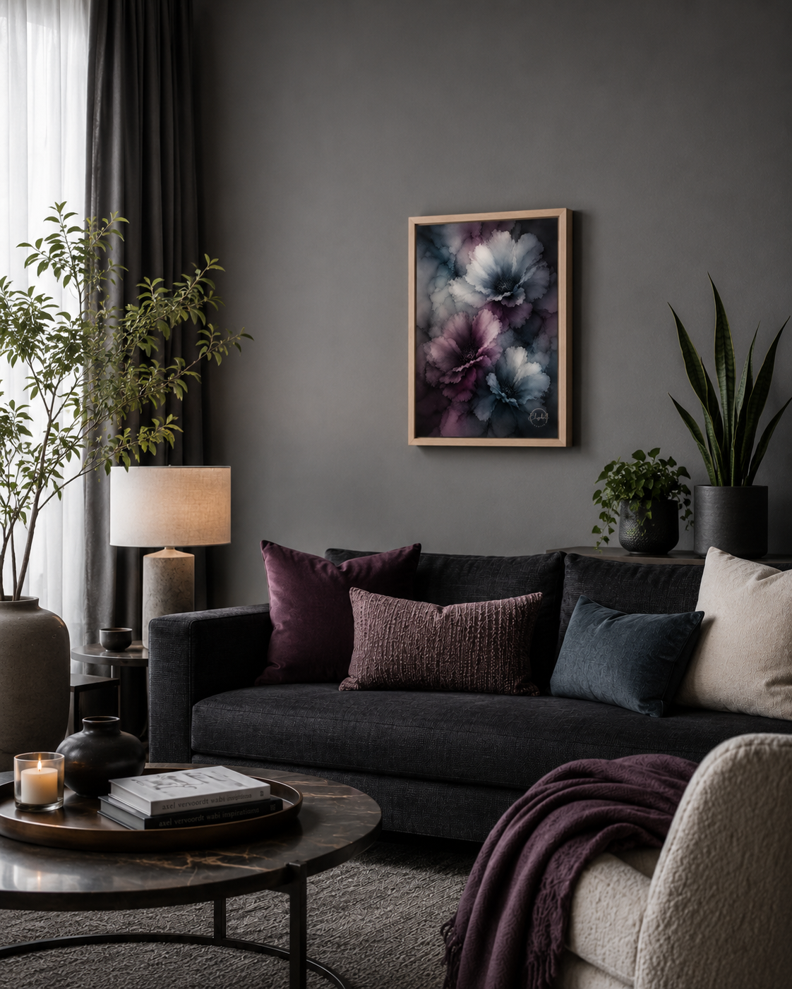 A framed abstract floral wall art print with purple, blue, and white tones hangs on a dark gray wall above a dark charcoal sofa with purple and blue throw pillows in a styled living room.