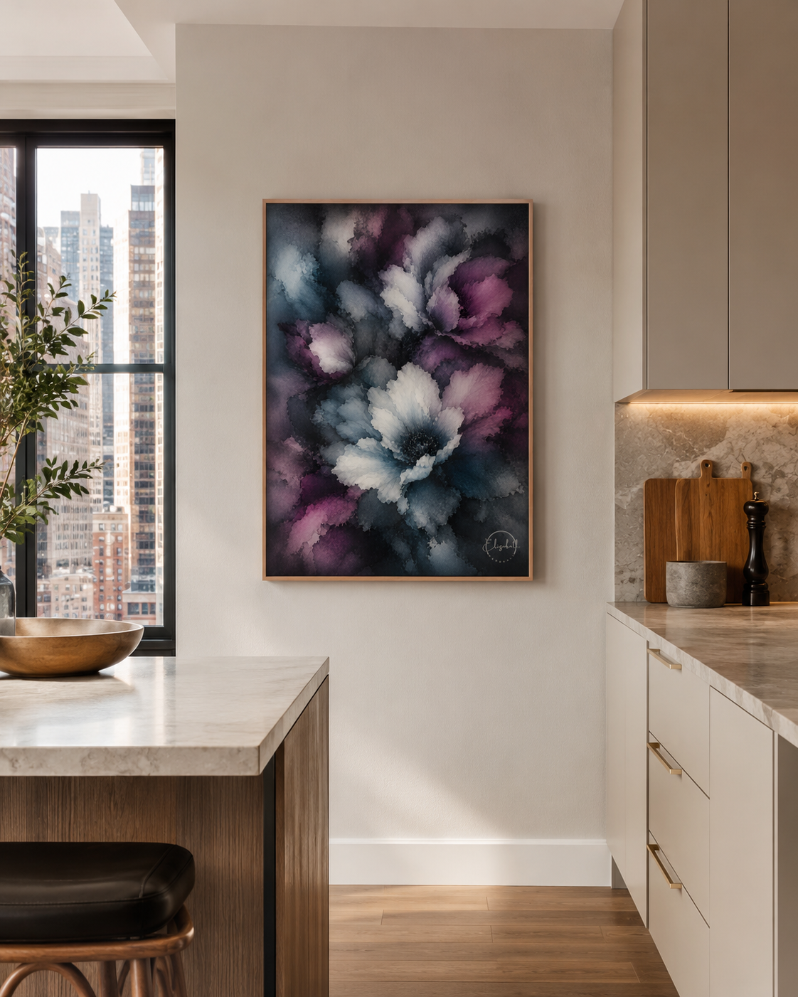 A framed abstract floral painting with dark blue, purple, and white brushstrokes hangs on a beige wall in a modern kitchen setting.