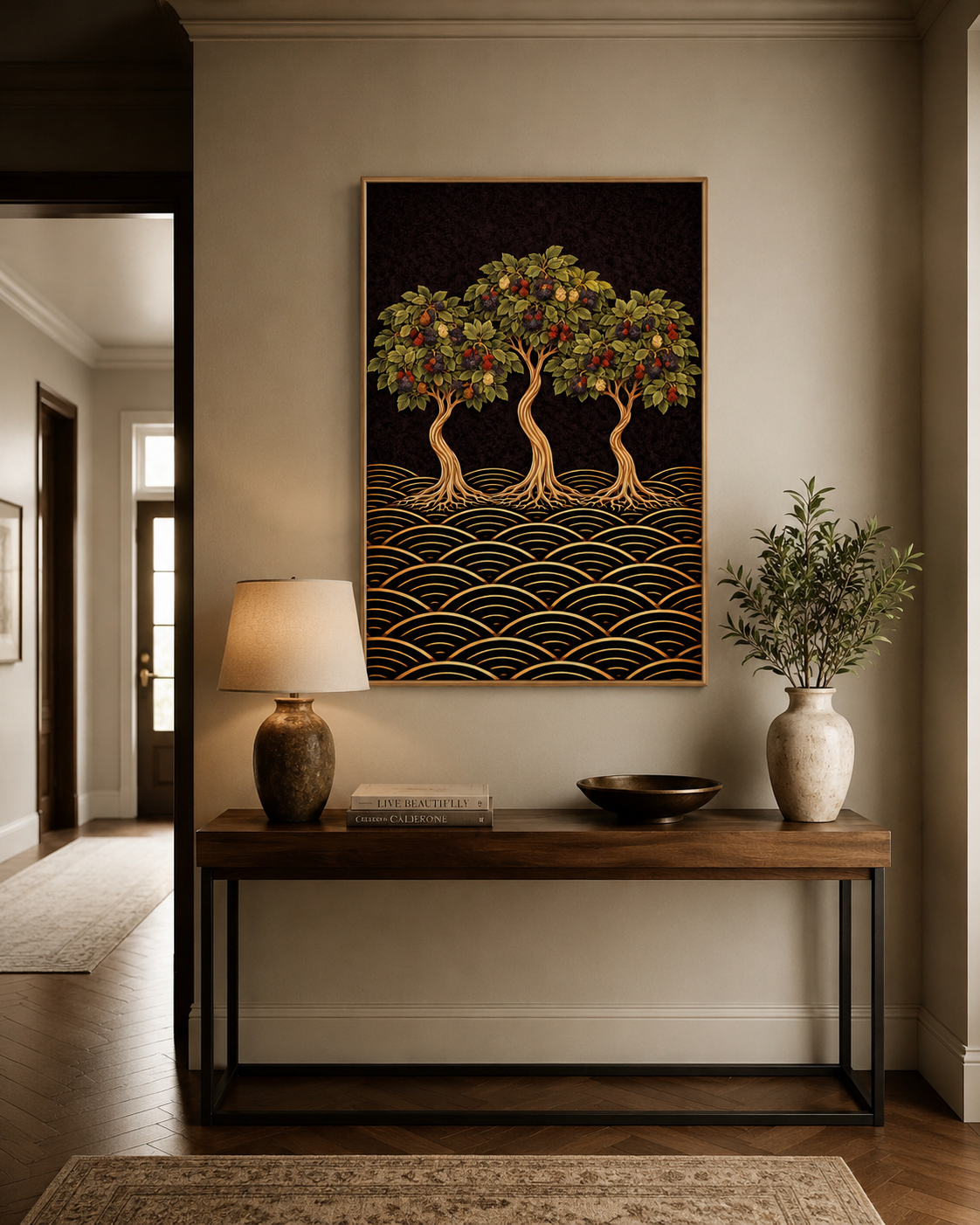 A striking Japanese-inspired mulberry tree trio print, giclée printed in rich, vivid colour on premium matte paper. Free worldwide shipping. Available in A4–A1. in a hallway 