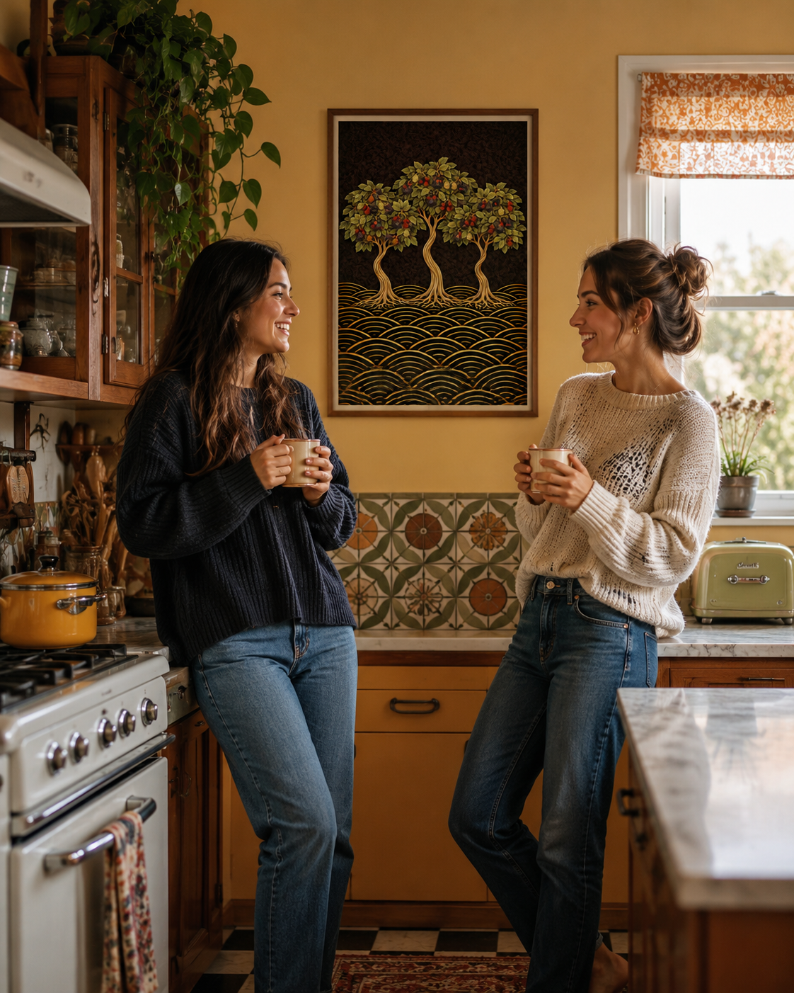 Two women standing and smiling in a warm, rustic kitchen, each holding a mug. A framed art print depicting three stylised mulberry trees is mounted on the yellow wall behind them.
