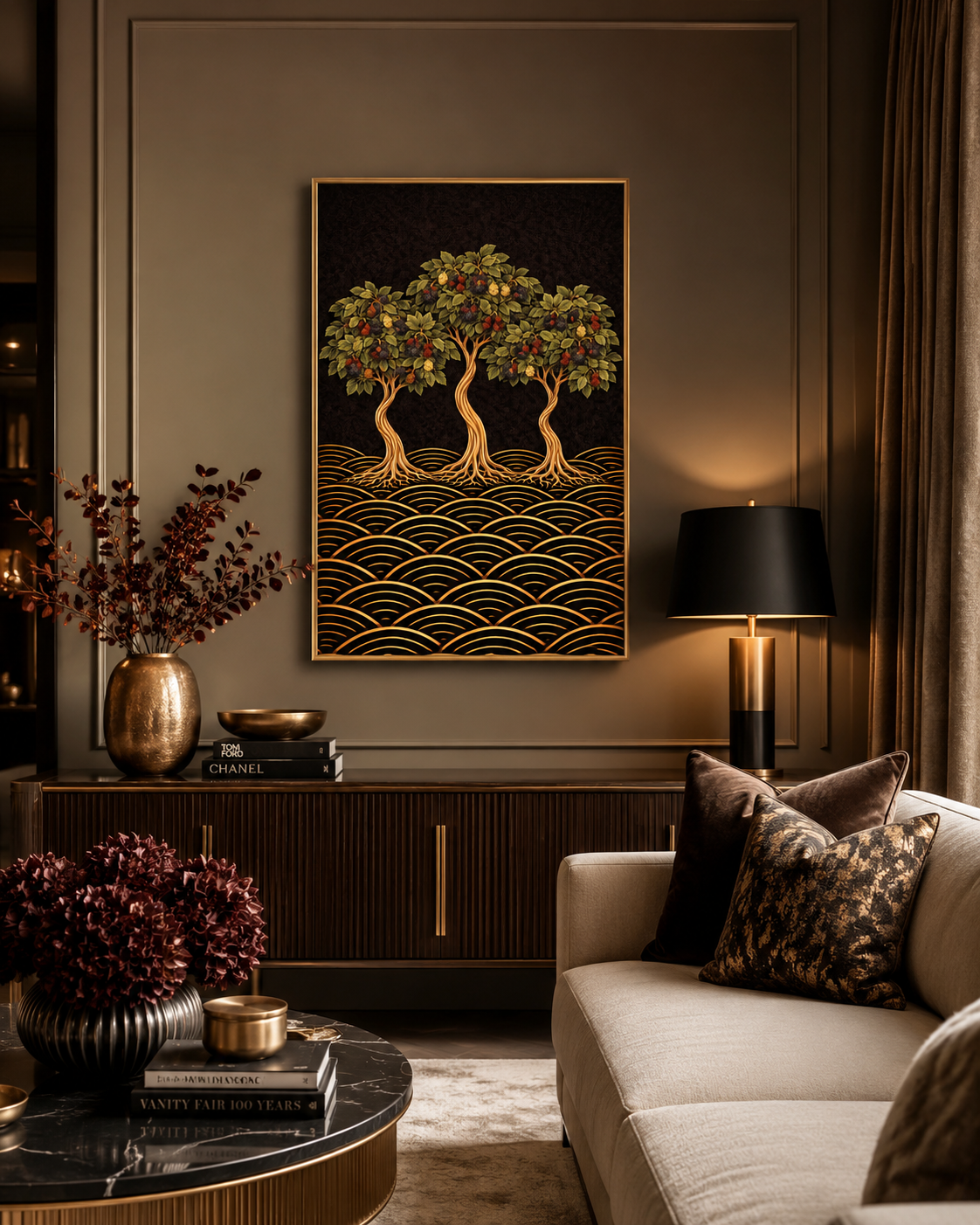 A framed wall art print featuring three stylized mulberry trees with gold roots over a wave pattern on a black background, displayed above a dark wood console in a modern living room setting.