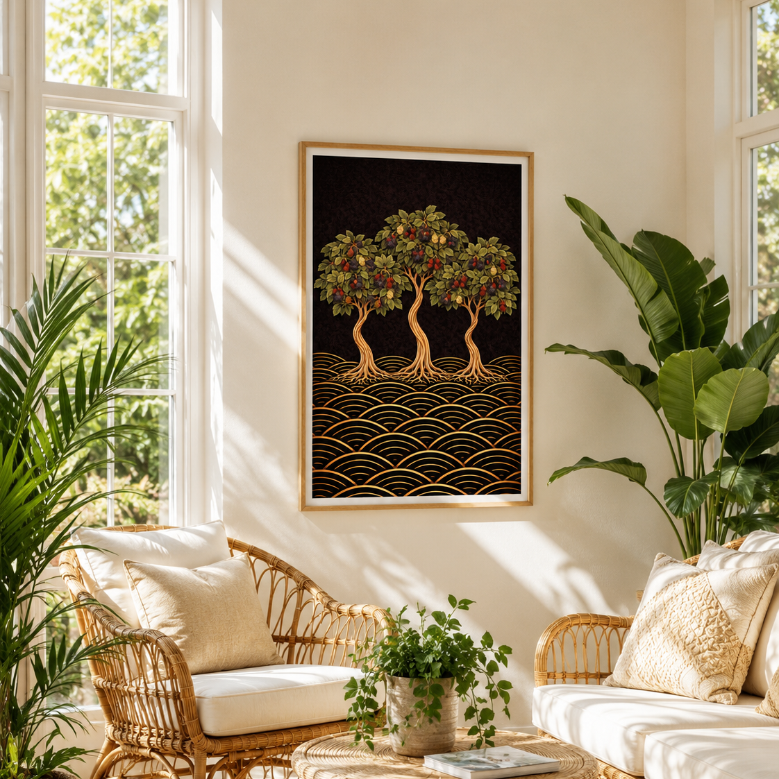 A framed wall art print featuring three stylized trees with green and gold foliage over a dark background and wave-like gold lines, displayed in a bright, sunlit living room with rattan furniture and potted plants.