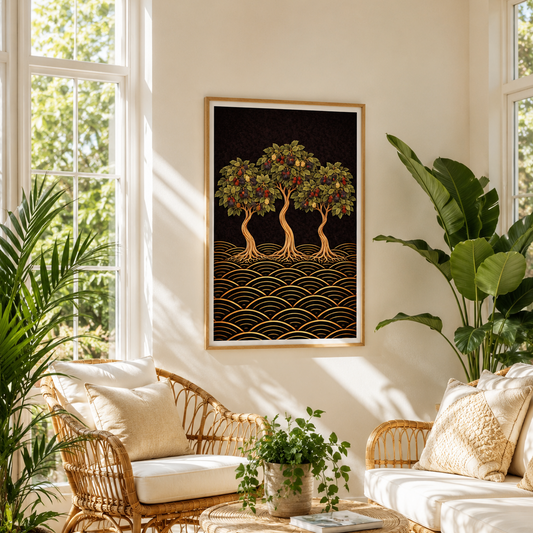 A framed wall art print featuring three stylized trees with green and gold foliage over a dark background and wave-like gold lines, displayed in a bright, sunlit living room with rattan furniture and potted plants.
