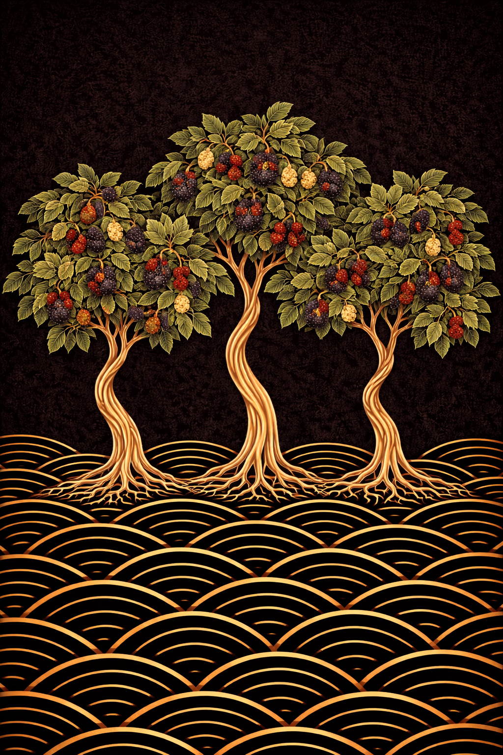 A decorative artwork showing three stylized mulberry trees with green leaves and clusters of red, purple, and yellow fruit, set against a dark textured background with gold wave-like patterns along the bottom.