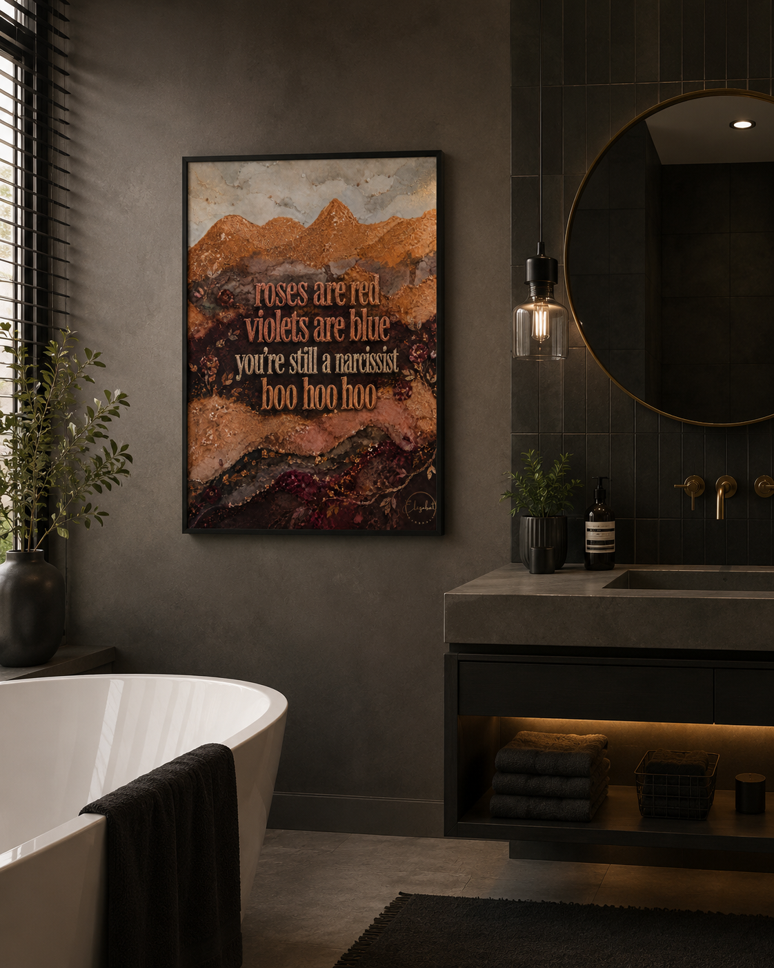 A bold feminist art print from the Dangerous Women Like Pollyanna series. For the woman who survived, rose, and refused to stay small. Surviving a narcissist. in a bathroom 