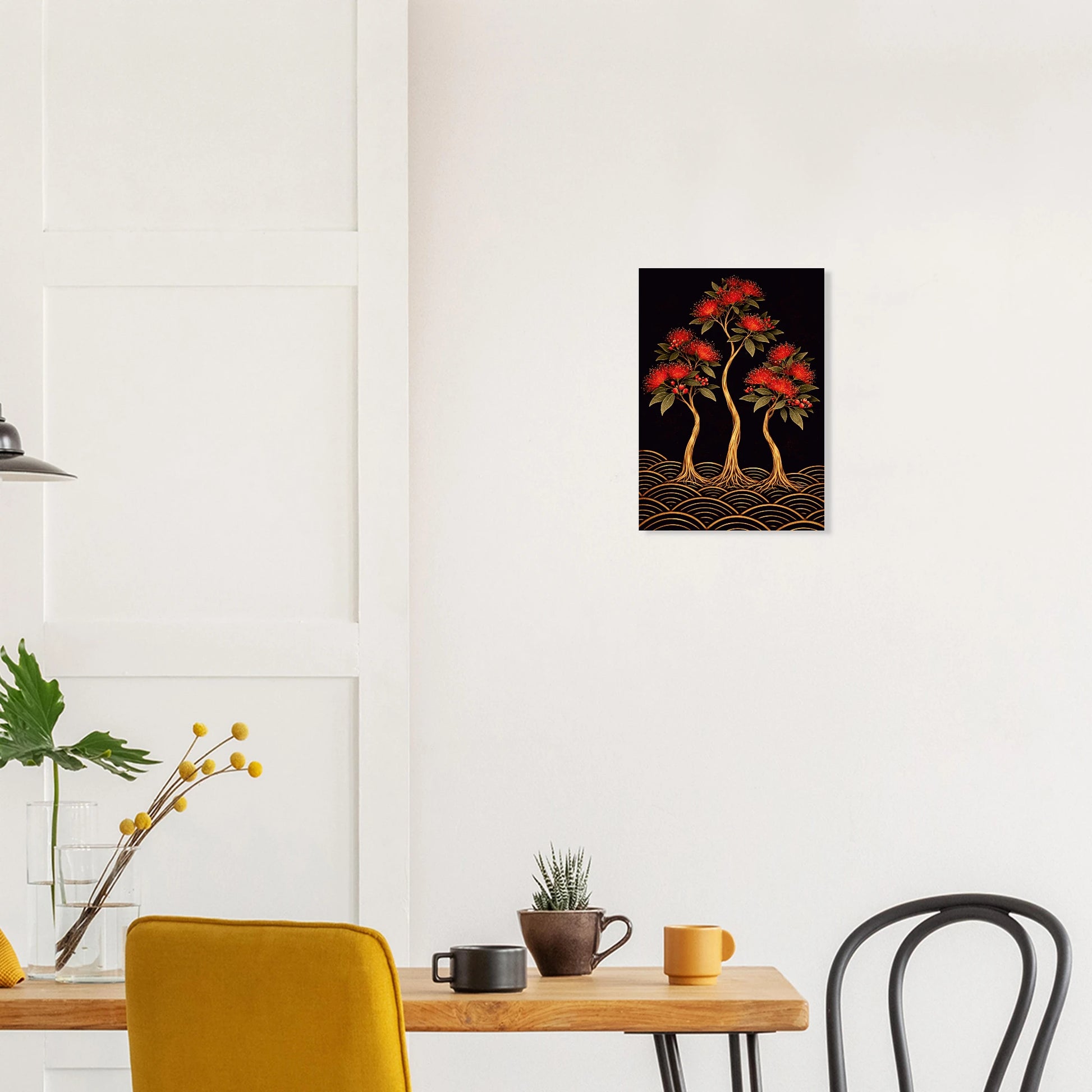 Bold NZ botanical giclee print — deep black, gold & crimson pōhutukawa. Inspired by original designs. 200gsm FSC paper. Ships worldwide.