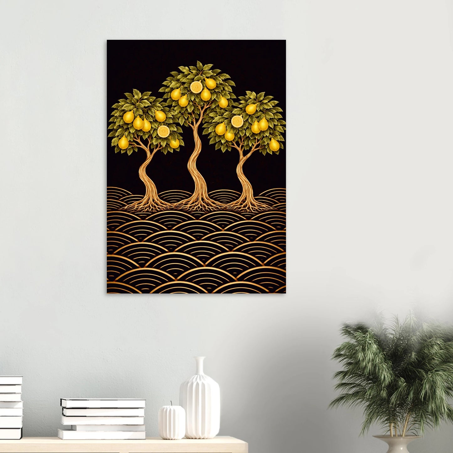 A Japanese-inspired lemon tree giclée print in yellow, gold and black. Bold citrus botanical wall art for kitchens, dining rooms and Japandi interiors. Free worldwide shipping.