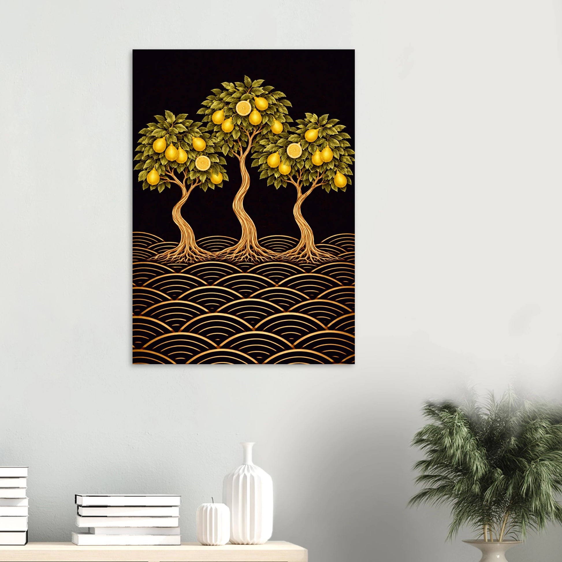 A Japanese-inspired lemon tree giclée print in yellow, gold and black. Bold citrus botanical wall art for kitchens, dining rooms and Japandi interiors. Free worldwide shipping.