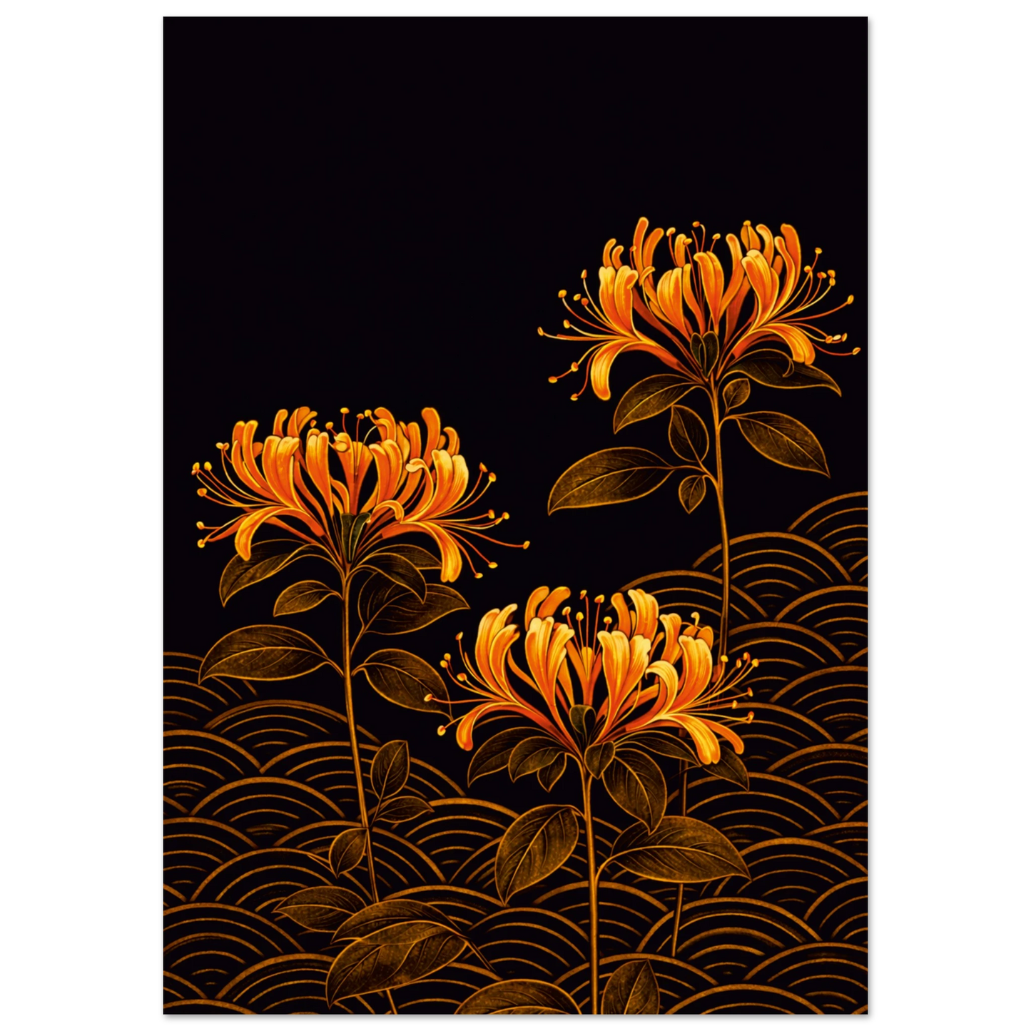 A vertical art print featuring three orange and yellow flowers with dark green leaves on a black background, decorated with gold wave patterns along the bottom.
