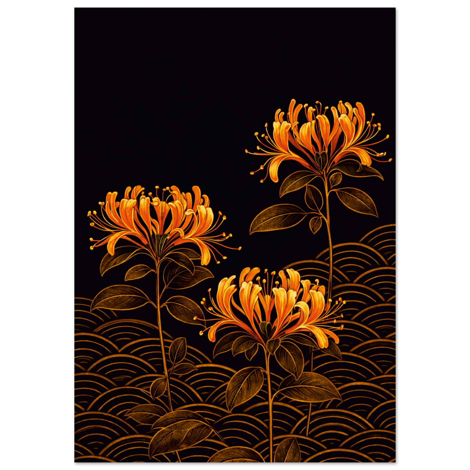 A vertical art print featuring three orange and yellow flowers with dark green leaves on a black background, decorated with gold wave patterns along the bottom.