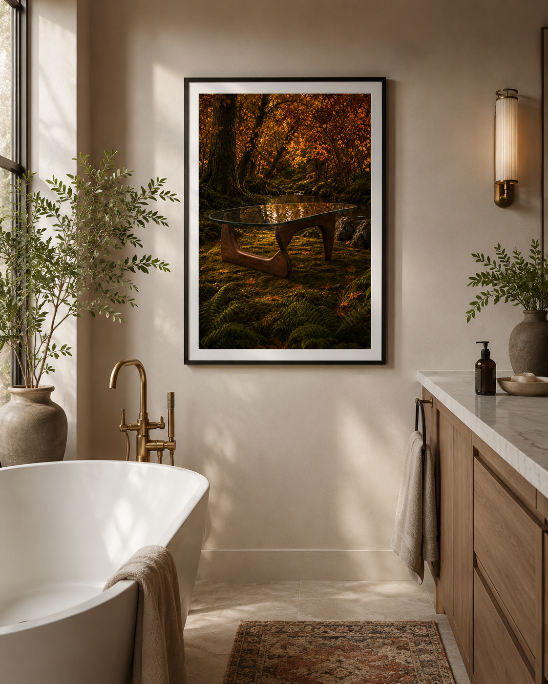 A framed vertical art print depicting a serene forest scene with a Noguchi-inspired coffee table in a moody autumnal forest. Amber and burnt orange giclee print inspired by original designs. 200gsm FSC paper. Ships worldwide., styled in a modern, warm-toned bathroom setting.
