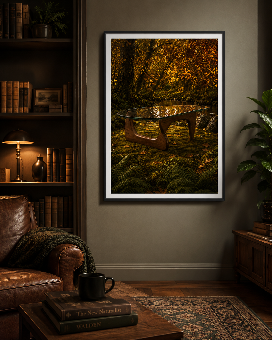 A framed vertical art print depicting a Noguchi-inspired coffee table in a moody autumnal forest. Amber and burnt orange giclee print inspired by original designs. 20 a dense, mossy forest with warm golden foliage.