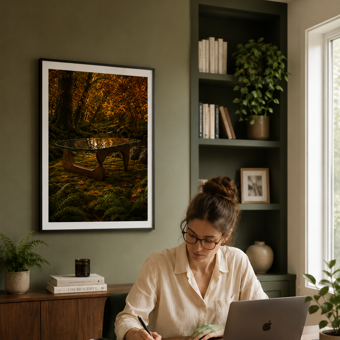 A woman sits at a wooden desk in a home office setting, writing in a notebook with a pen and a laptop. On the wall above her is a large framed art print depicting a Noguchi-inspired coffee table in a moody autumnal forest. Amber and burnt orange giclee print inspired by original designs. 200gsm FSC paper. Ships worldwide.