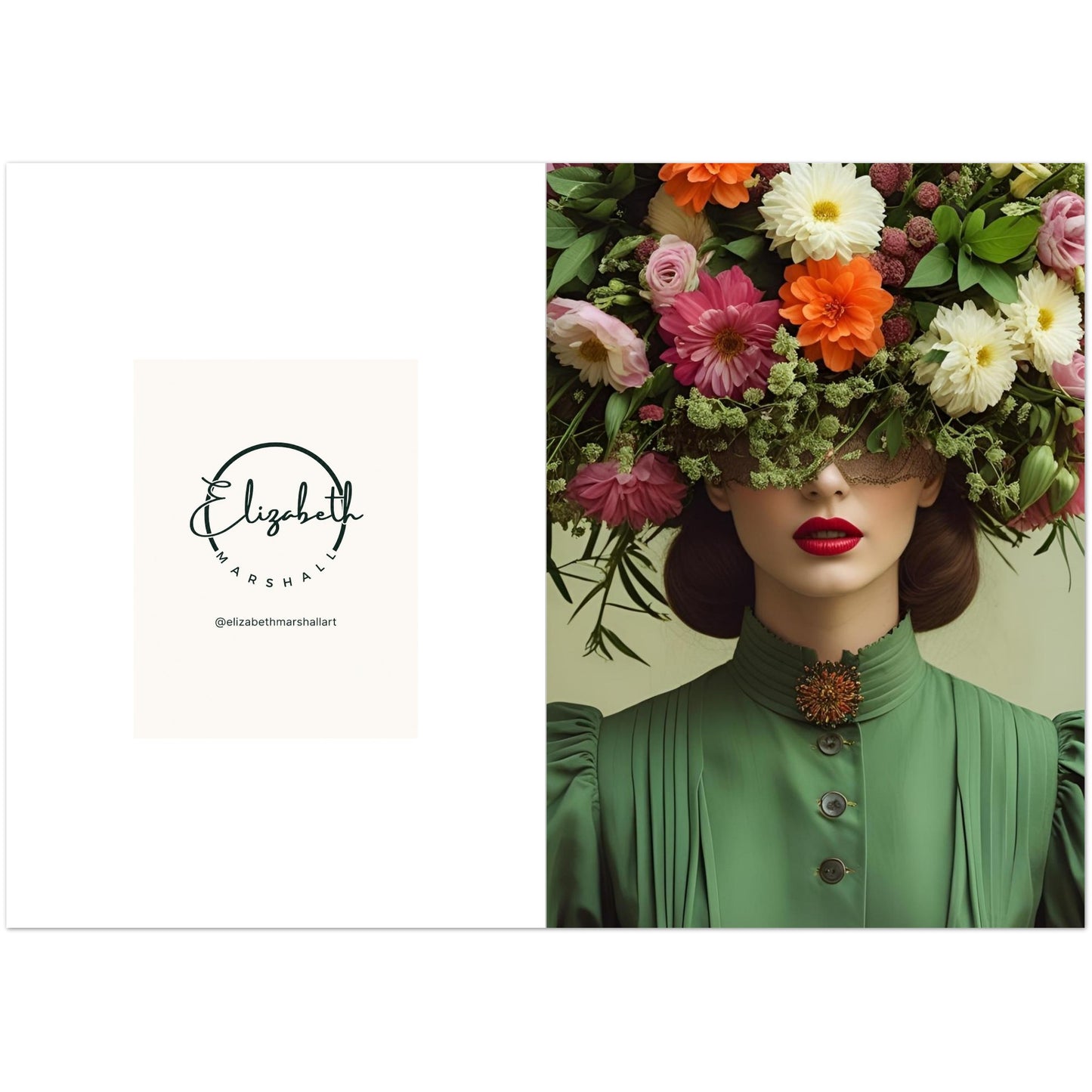 Art greeting cards featuring Hilary — a vintage floral portrait. Pack of 10, 350gsm silk, blank inside with envelopes. By NZ artist Elizabeth Marshall.