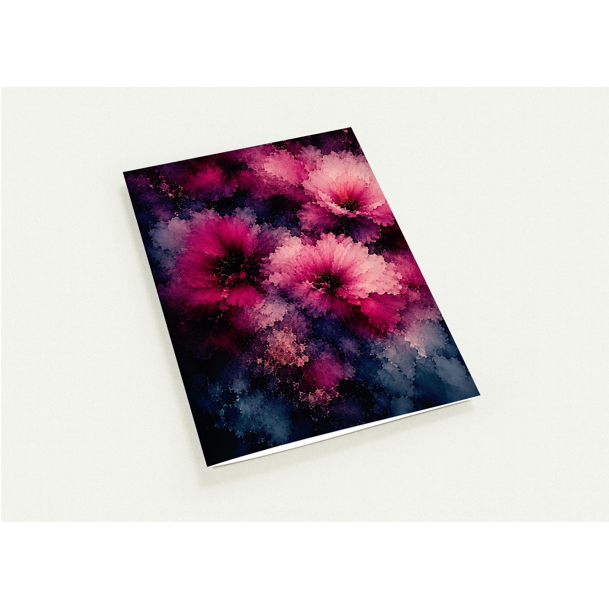 A note cards with a vibrant abstract floral cover design in shades of pink, magenta, and dark blue, displayed at an angle on a light off-white background.

Ten note cards that feel like a tiny gallery in an envelope. Rich, moody florals, deep jewel tones, and the kind of lush, layered colour that makes a handwritten note feel like a gift before it's even opened. These are the cards for people who believe that stationery should be as beautiful as the words inside.