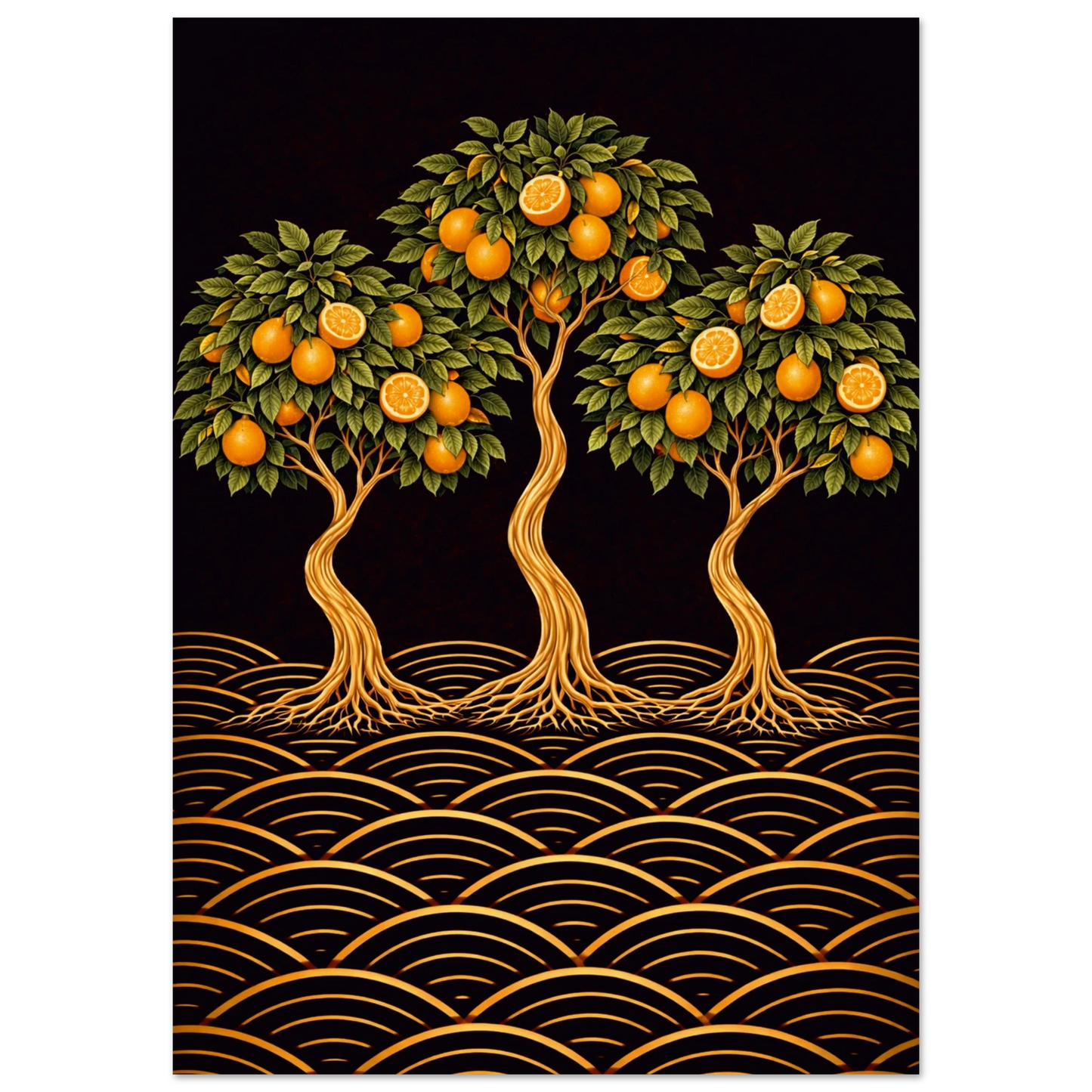 A stylized art print featuring three ornate orange trees with green leaves and glowing orange fruits, set against a dark background with gold wave patterns along the bottom.