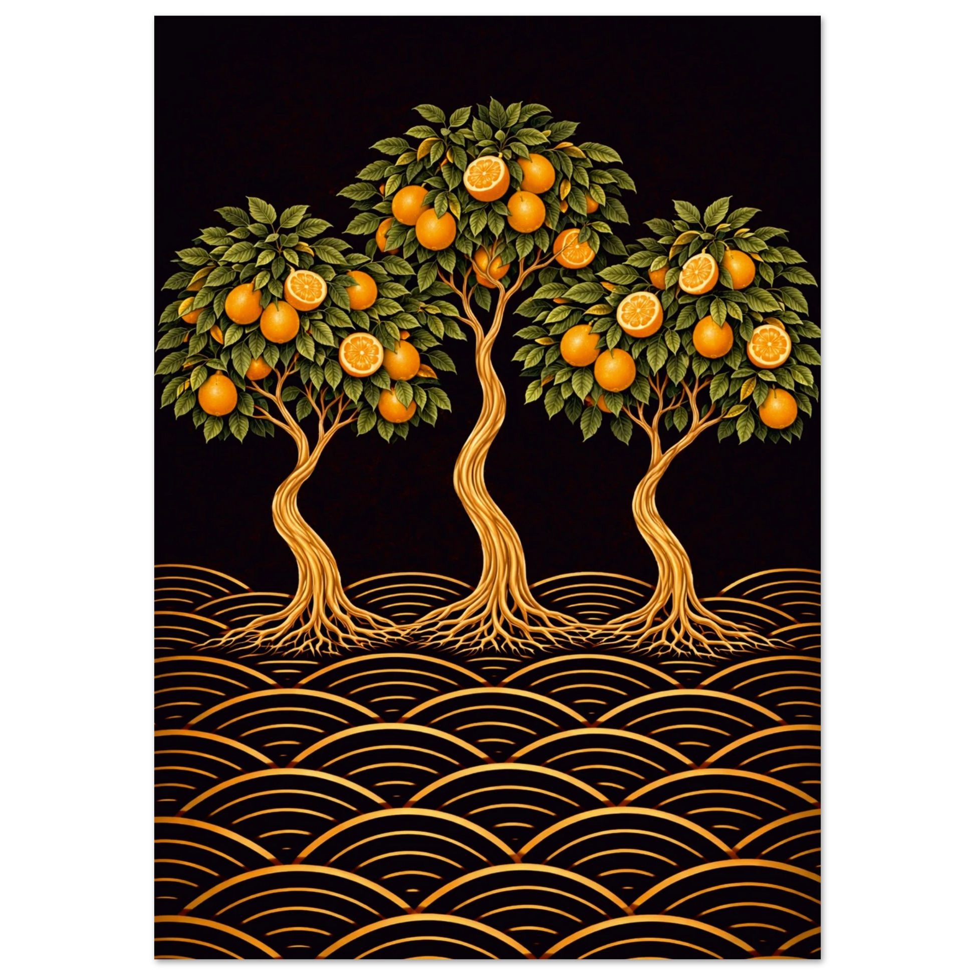 A stylized art print featuring three ornate orange trees with green leaves and glowing orange fruits, set against a dark background with gold wave patterns along the bottom.