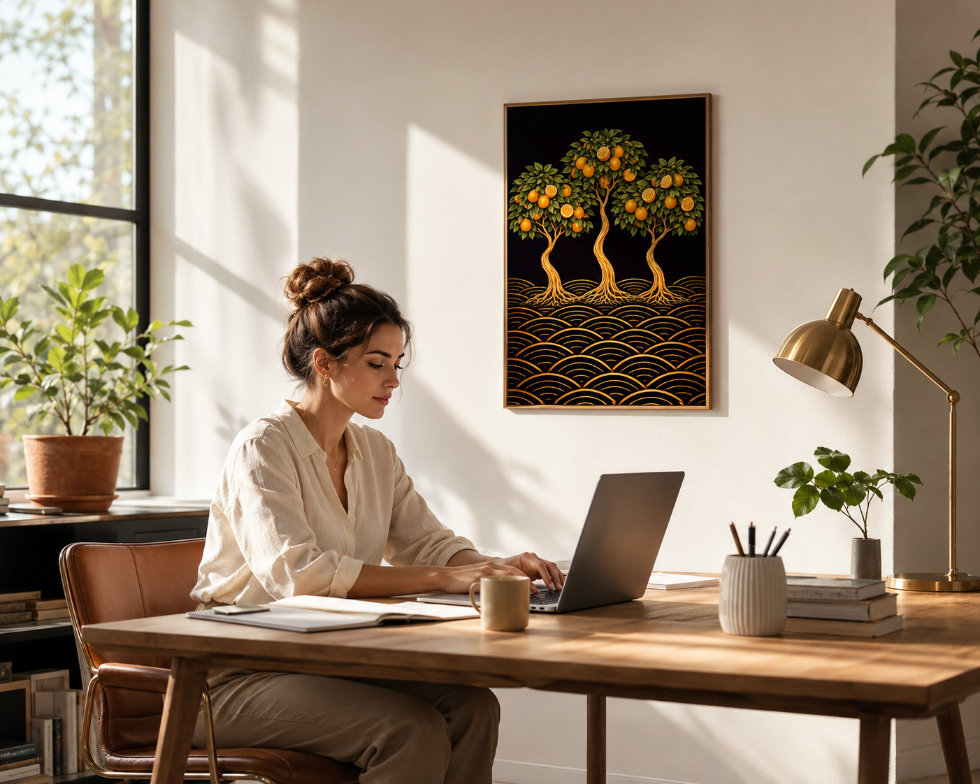 A woman sits at a wooden desk using a laptop in a bright, modern home office. On the wall above the desk hangs a framed art print depicting three golden orange fruit trees with gold wave patterns on a black background.
