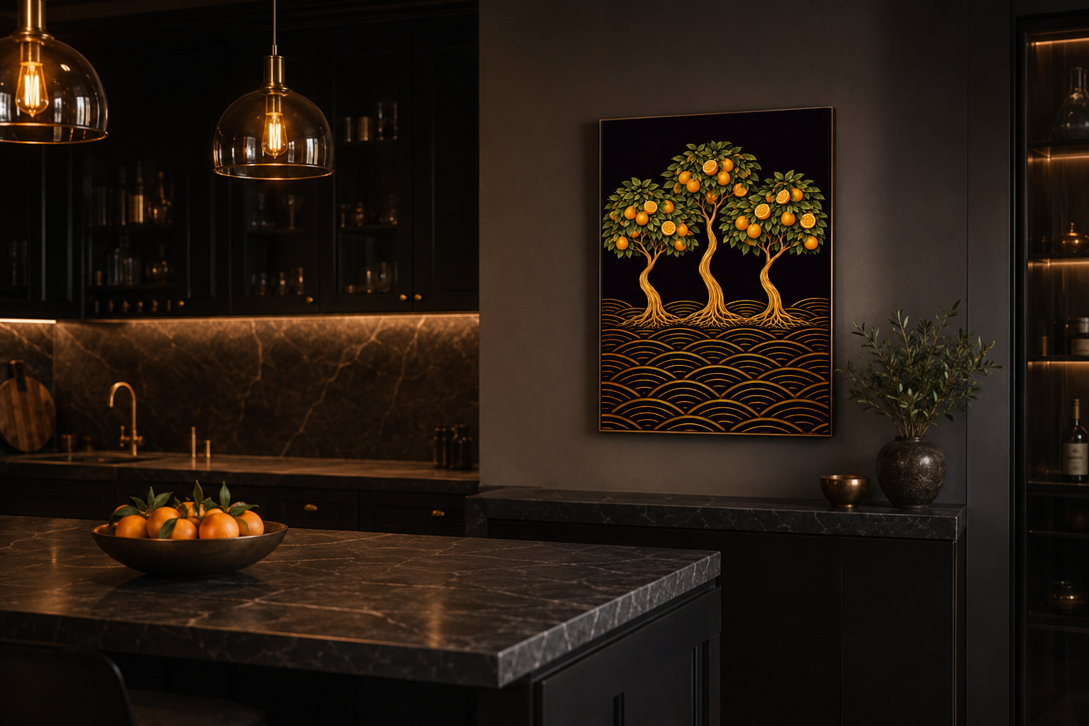 A framed wall art print depicting three golden citrus trees above a wave pattern, displayed in a modern dark kitchen setting.