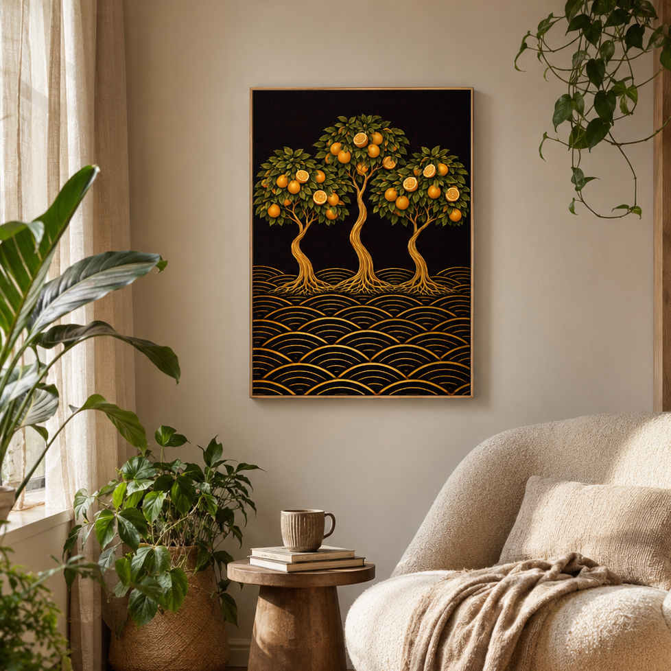 A framed wall art print featuring three golden orange fruit trees with gold wave-like roots on a black background, displayed above a cream boucle armchair in a sunlit, plant-filled living room.