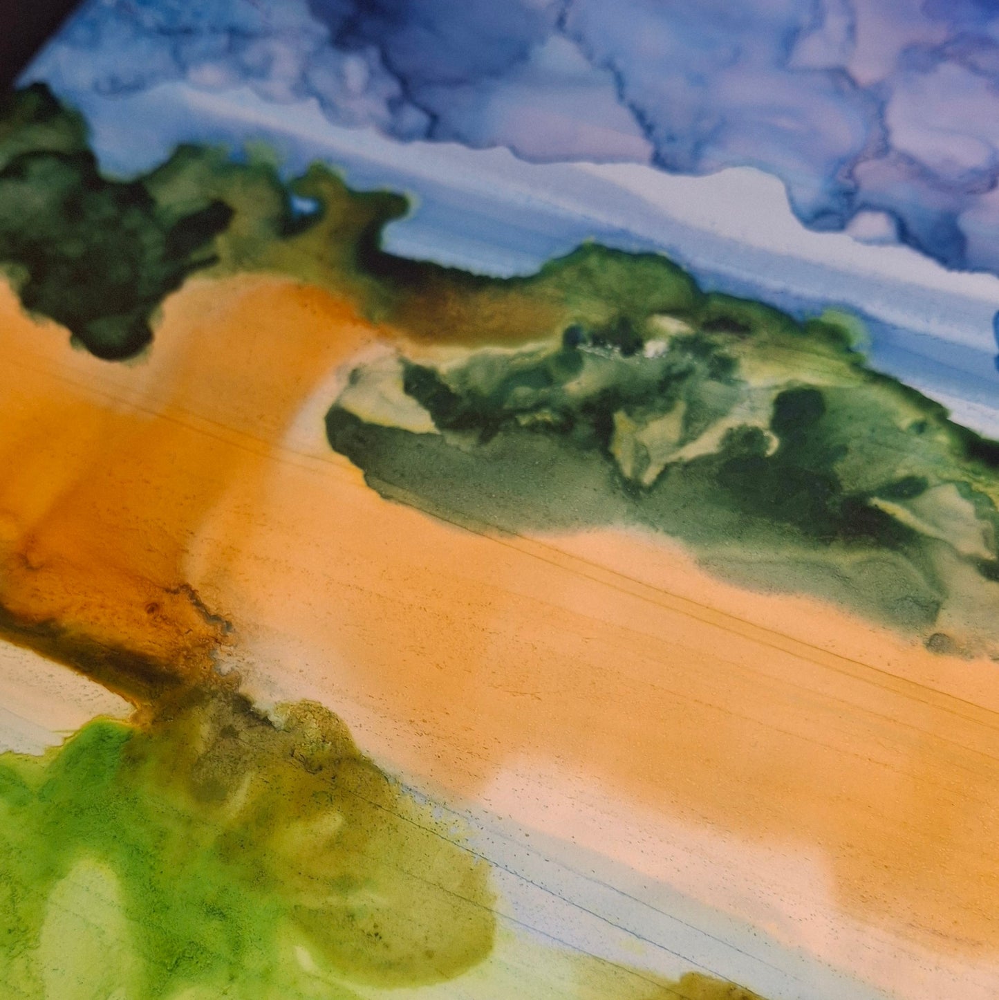Abstract landscape painting with flowing bands of blue, green, orange, and cream, resembling watercolor washes on canvas.