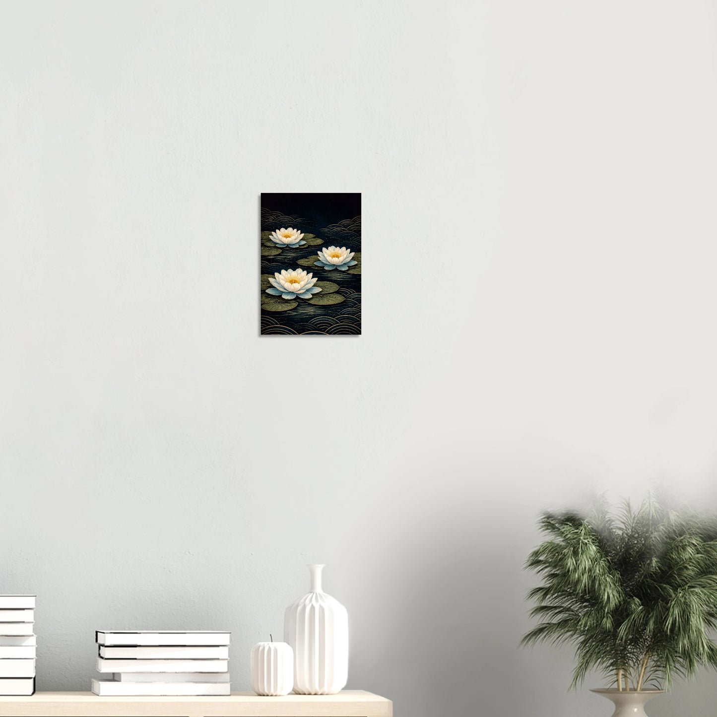 Waterlilies at Midnight floats three luminous blooms across a deep dark background, their ivory and blue-white petals opening wide around golden centres