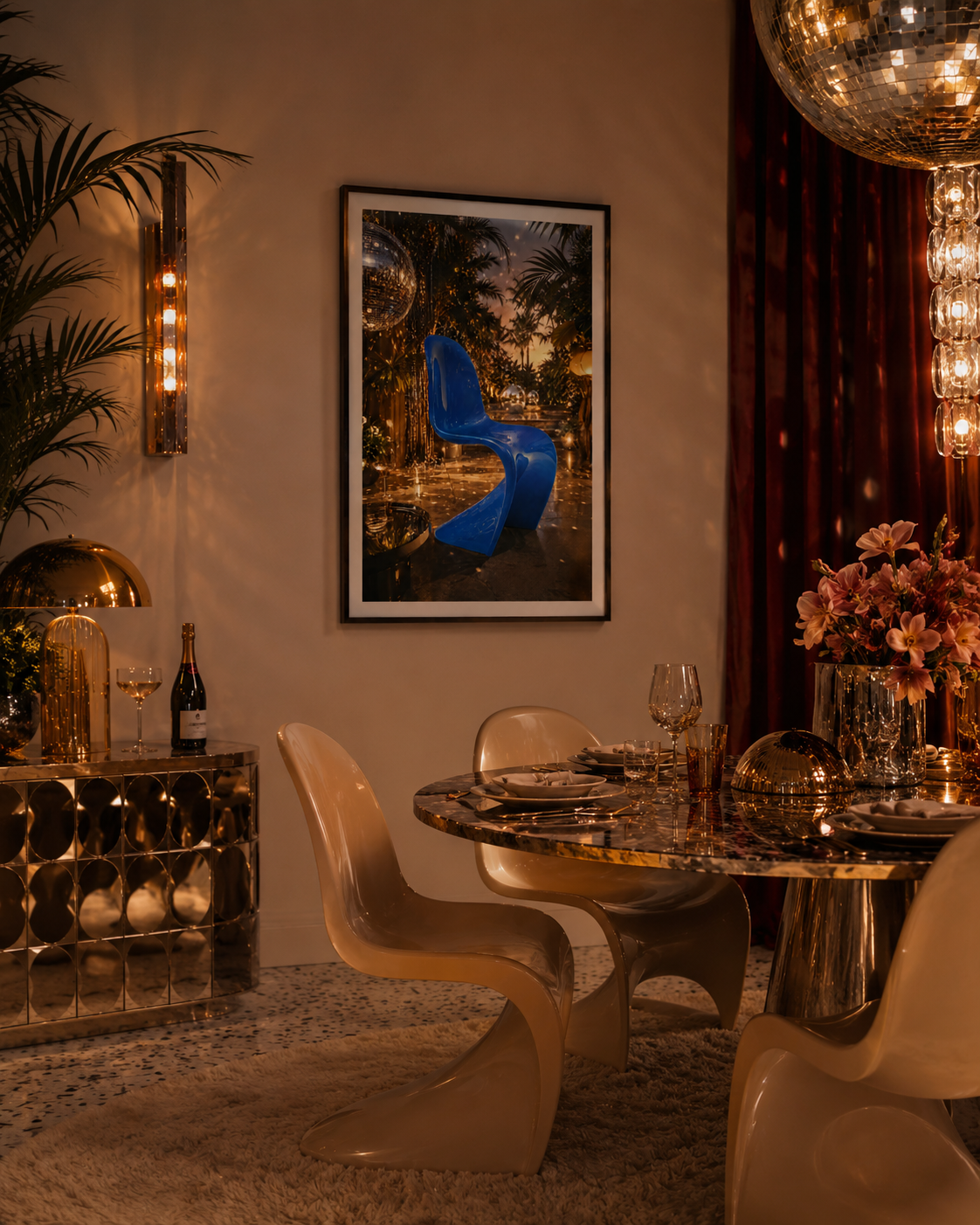 A framed art print featuring a vibrant blue chair in a tropical night scene, displayed on a beige wall in a luxurious, warmly lit dining room with modern chairs and a marble table.